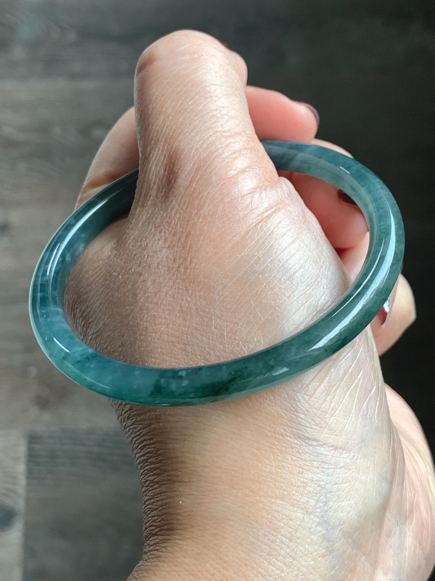 Certified Natural Grade A Guatemalan Icy Highly Translucent Dark Teal Blue Jade Jadeite Slim Bangle 57.42mm 7” 19.75g 天然冰胶危深蓝绿翡翠细圆条手镯 722
