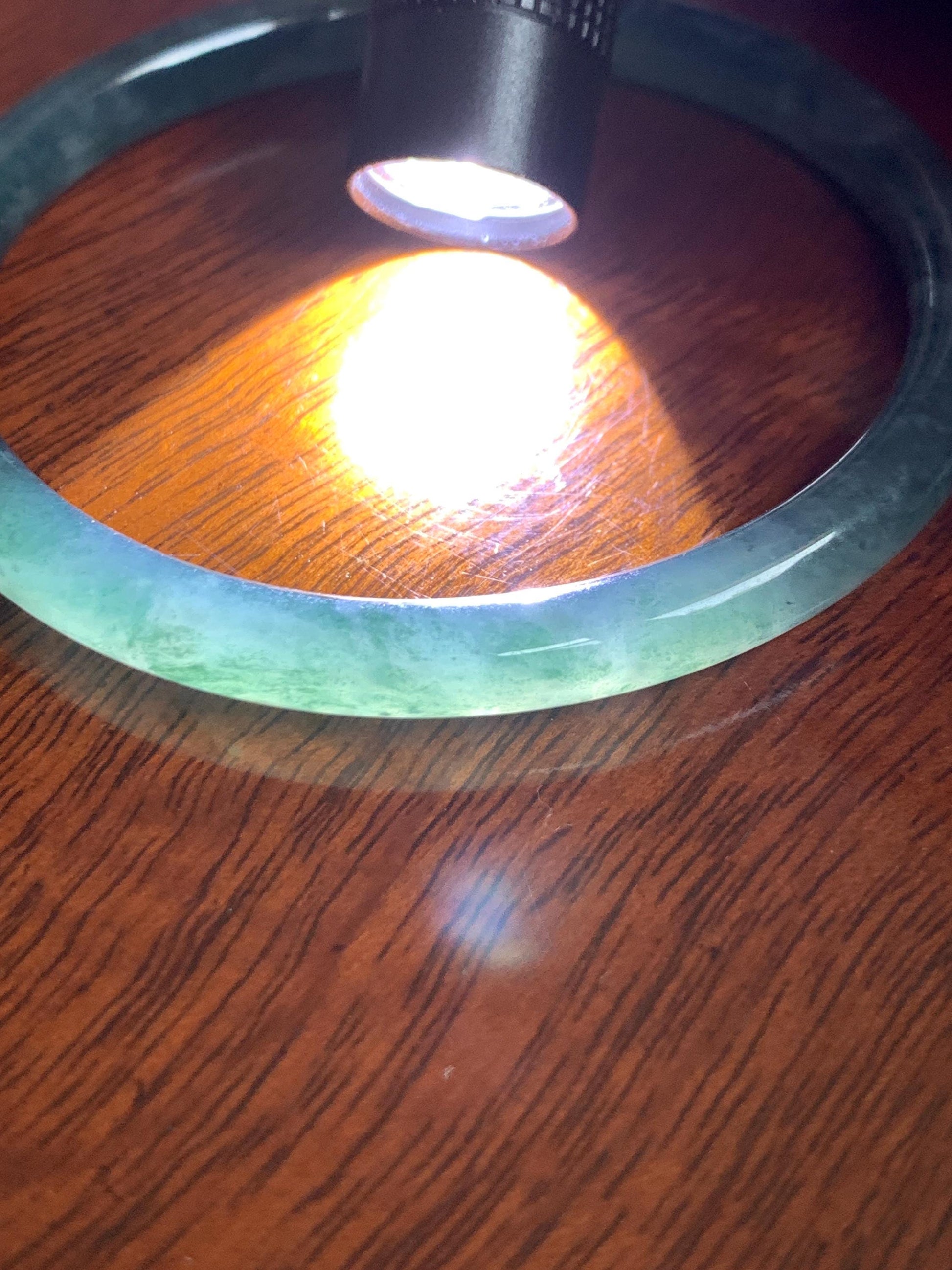 Certified Natural Grade A Guatemalan Icy Highly Translucent Dark Teal Blue Jade Jadeite Slim Bangle 57.42mm 7” 19.75g 天然冰胶危深蓝绿翡翠细圆条手镯 722