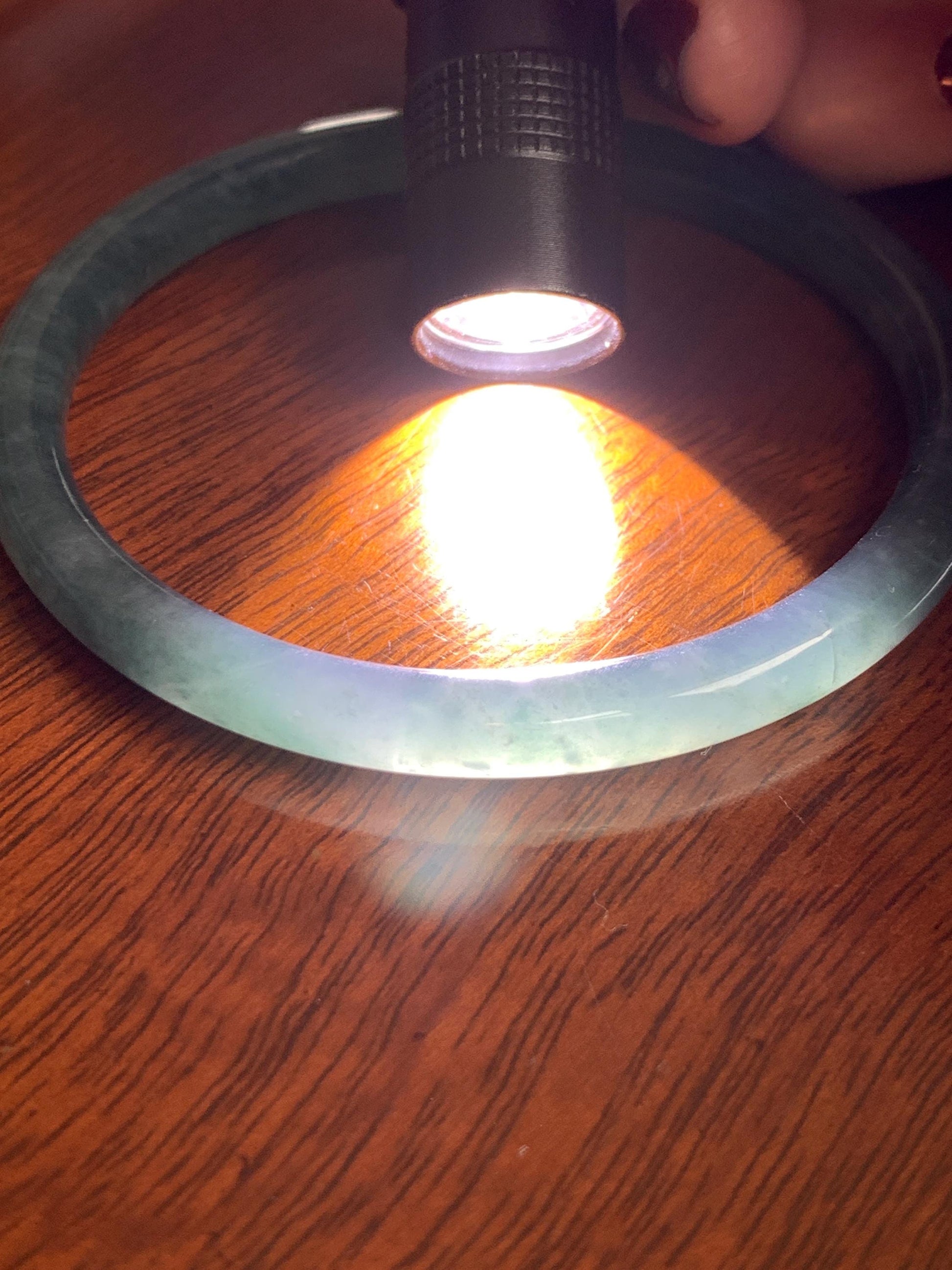 Certified Natural Grade A Guatemalan Icy Highly Translucent Dark Teal Blue Jade Jadeite Slim Bangle 57.42mm 7” 19.75g 天然冰胶危深蓝绿翡翠细圆条手镯 722