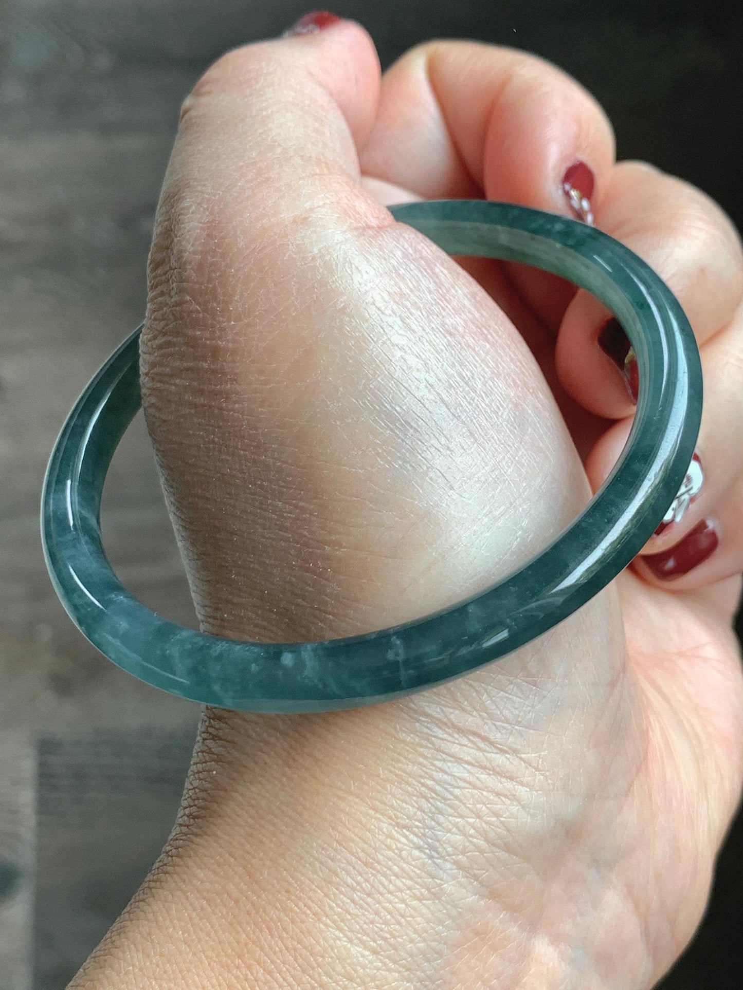 Certified Natural Grade A Guatemalan Icy Highly Translucent Dark Teal Blue Jade Jadeite Slim Bangle 57.42mm 7” 19.75g 天然冰胶危深蓝绿翡翠细圆条手镯 722