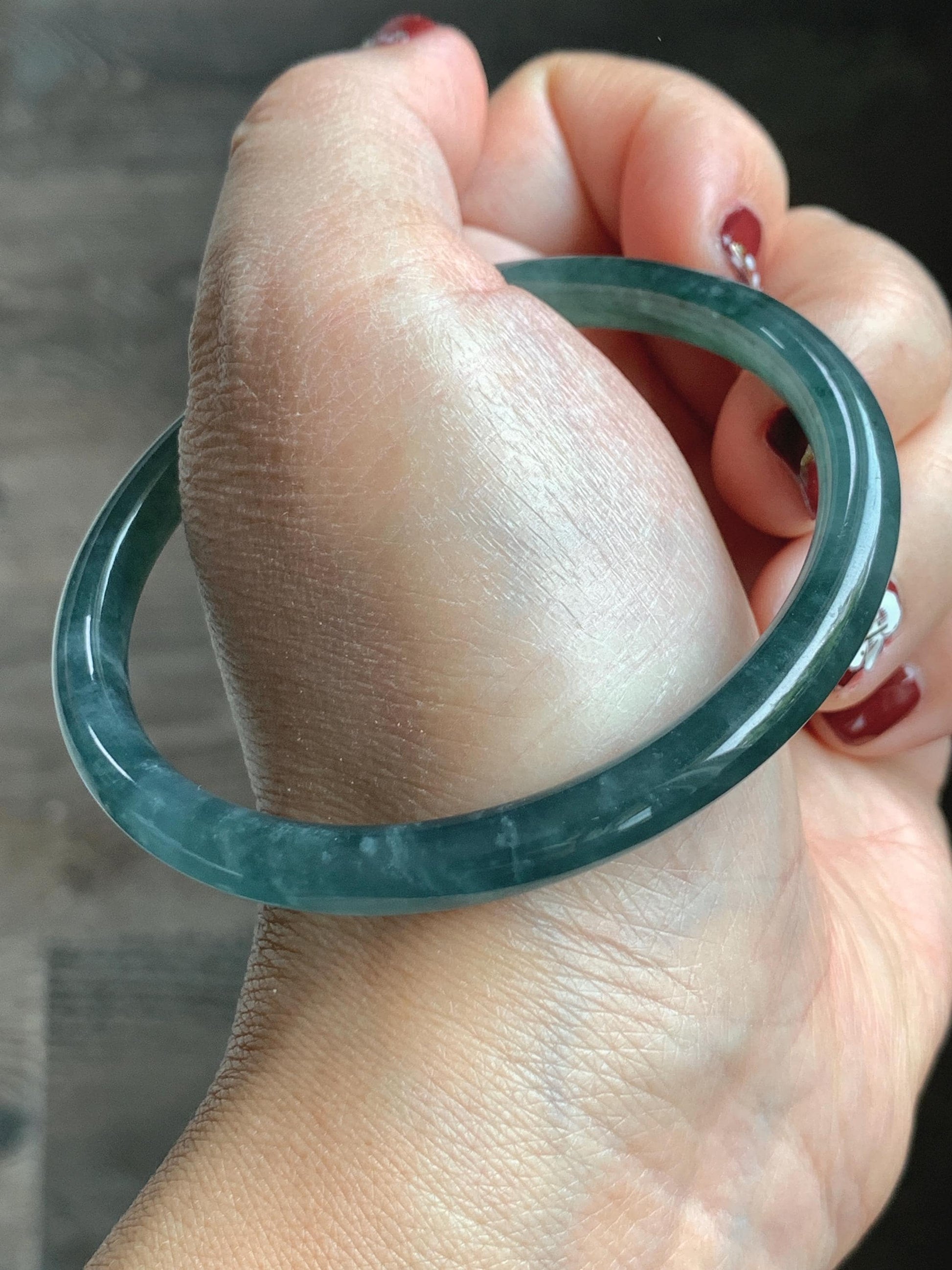 Certified Natural Grade A Guatemalan Icy Highly Translucent Dark Teal Blue Jade Jadeite Slim Bangle 57.42mm 7” 19.75g 天然冰胶危深蓝绿翡翠细圆条手镯 722