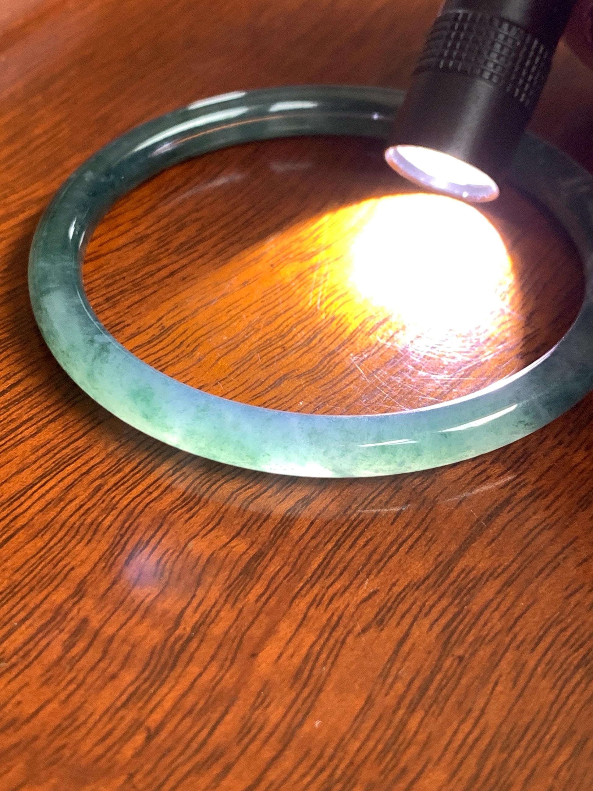 Certified Natural Grade A Guatemalan Icy Highly Translucent Dark Teal Blue Jade Jadeite Slim Bangle 57.42mm 7” 19.75g 天然冰胶危深蓝绿翡翠细圆条手镯 722