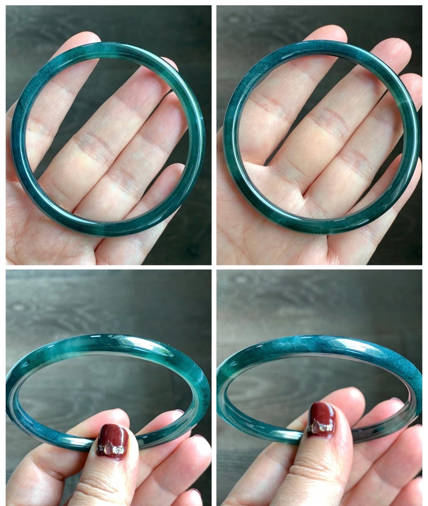 Certified Natural Grade A Guatemalan Icy Translucent Dark Teal Blue Jade Jadeite Slim Bangle 58.71mm 7.25” 18.38g 天然冰胶危深蓝绿翡翠细圆条手镯 728
