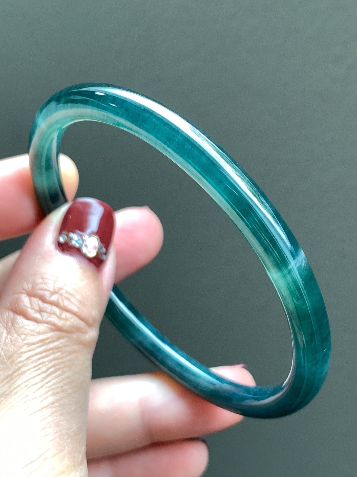 Certified Natural Grade A Guatemalan Icy Translucent Dark Teal Blue Jade Jadeite Slim Bangle 58.71mm 7.25” 18.38g 天然冰胶危深蓝绿翡翠细圆条手镯 728
