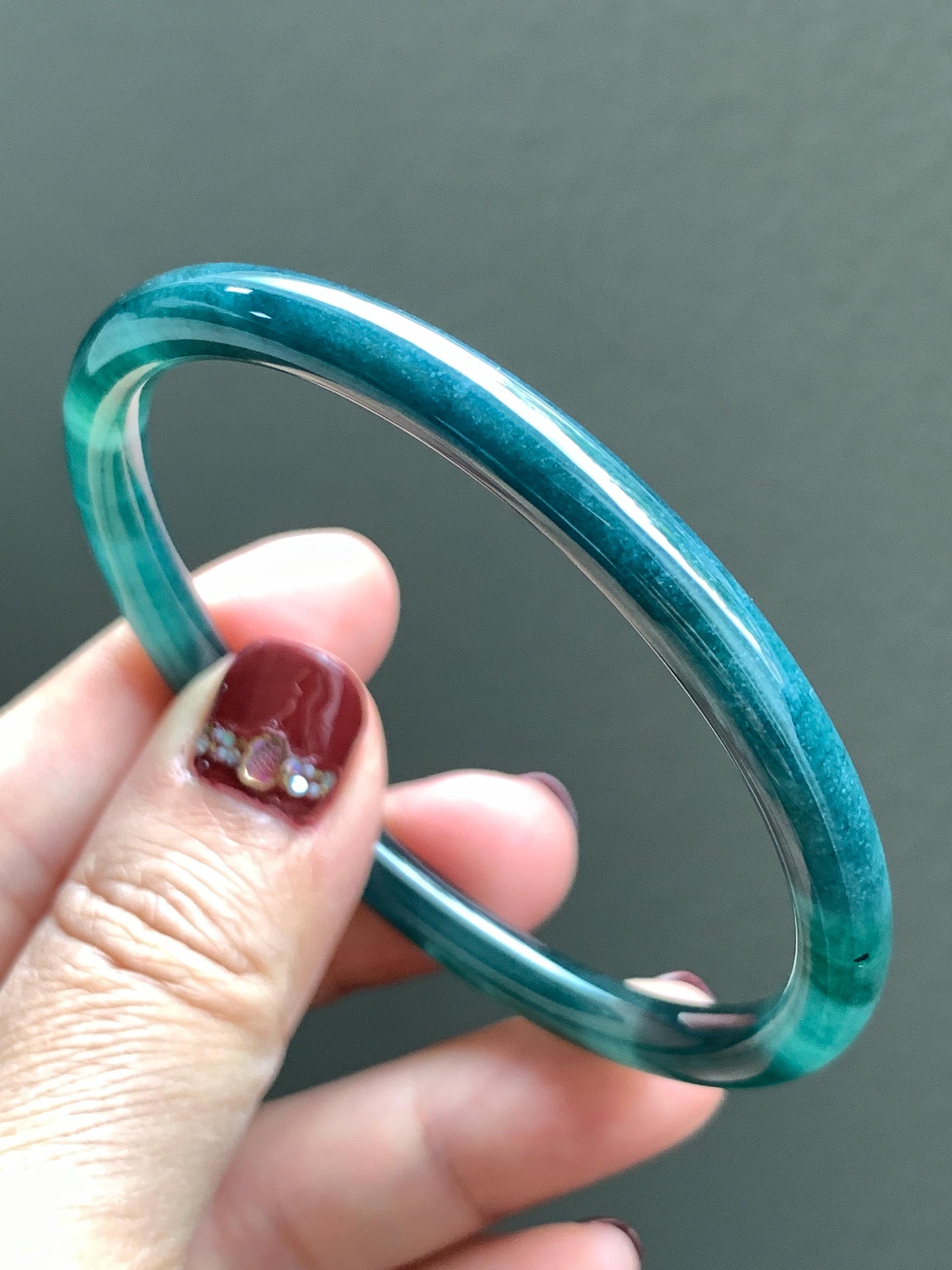 Certified Natural Grade A Guatemalan Icy Translucent Dark Teal Blue Jade Jadeite Slim Bangle 58.71mm 7.25” 18.38g 天然冰胶危深蓝绿翡翠细圆条手镯 728