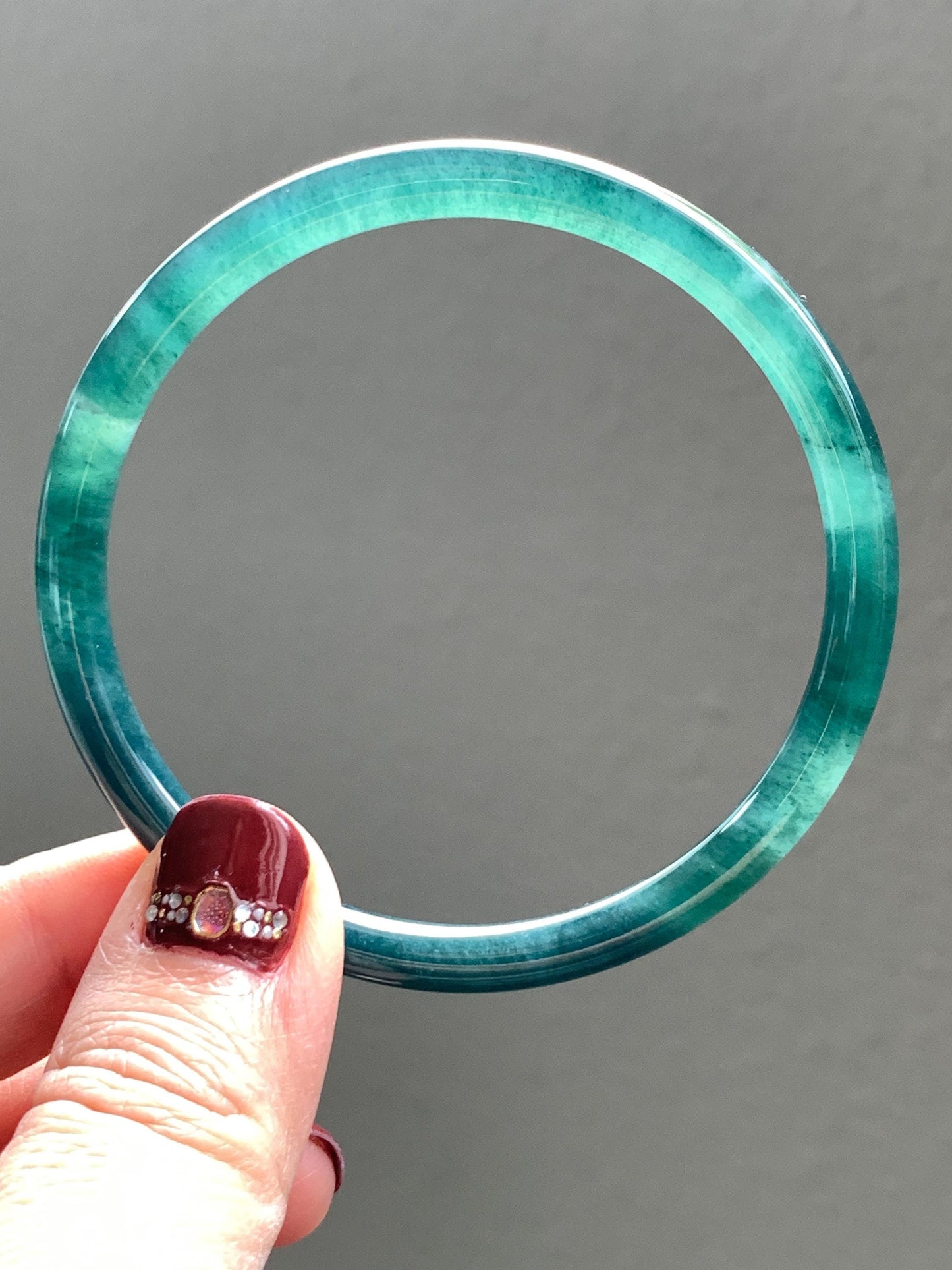 Certified Natural Grade A Guatemalan Icy Translucent Dark Teal Blue Jade Jadeite Slim Bangle 58.71mm 7.25” 18.38g 天然冰胶危深蓝绿翡翠细圆条手镯 728