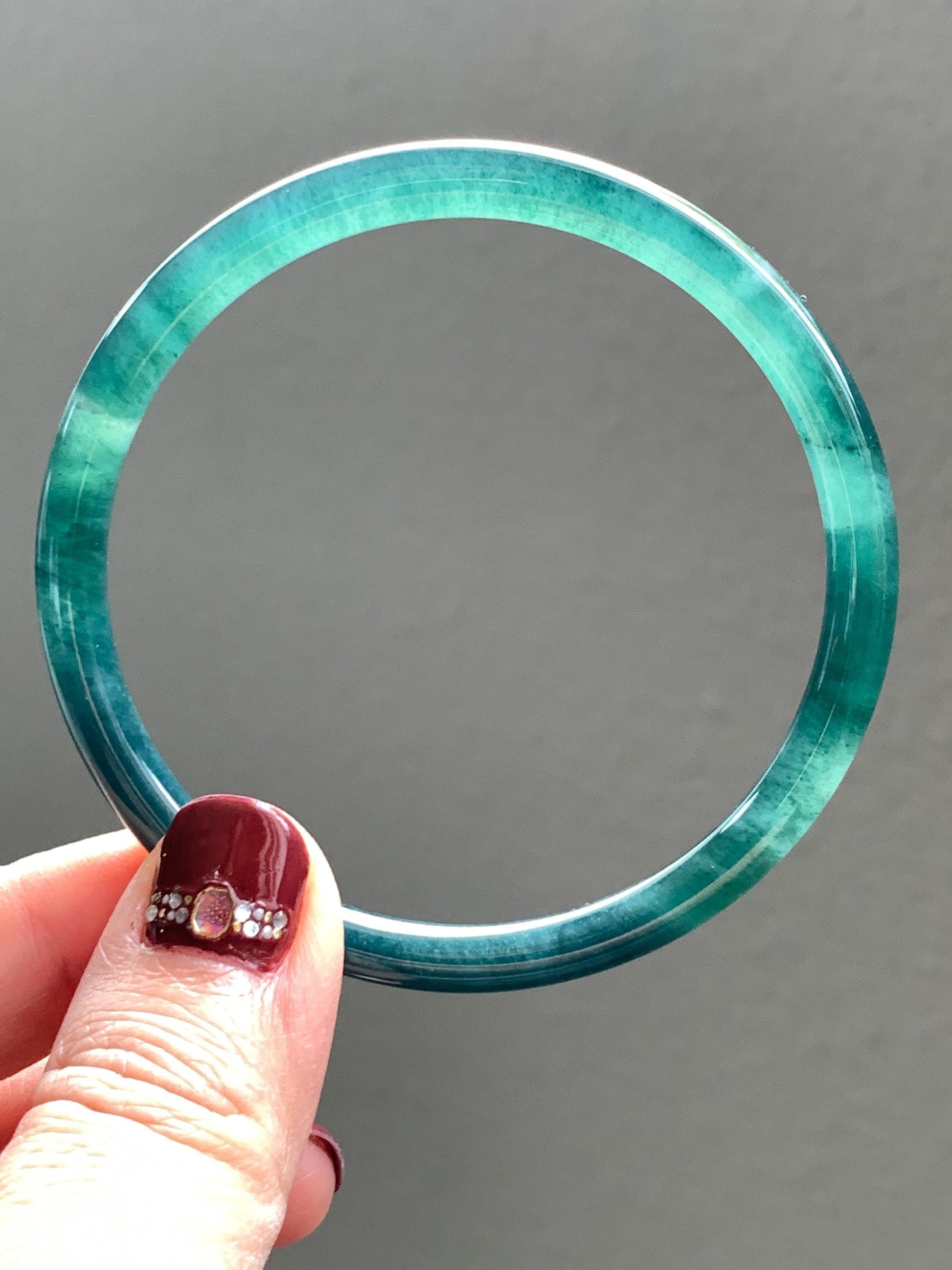 Certified Natural Grade A Guatemalan Icy Translucent Dark Teal Blue Jade Jadeite Slim Bangle 58.71mm 7.25” 18.38g 天然冰胶危深蓝绿翡翠细圆条手镯 728