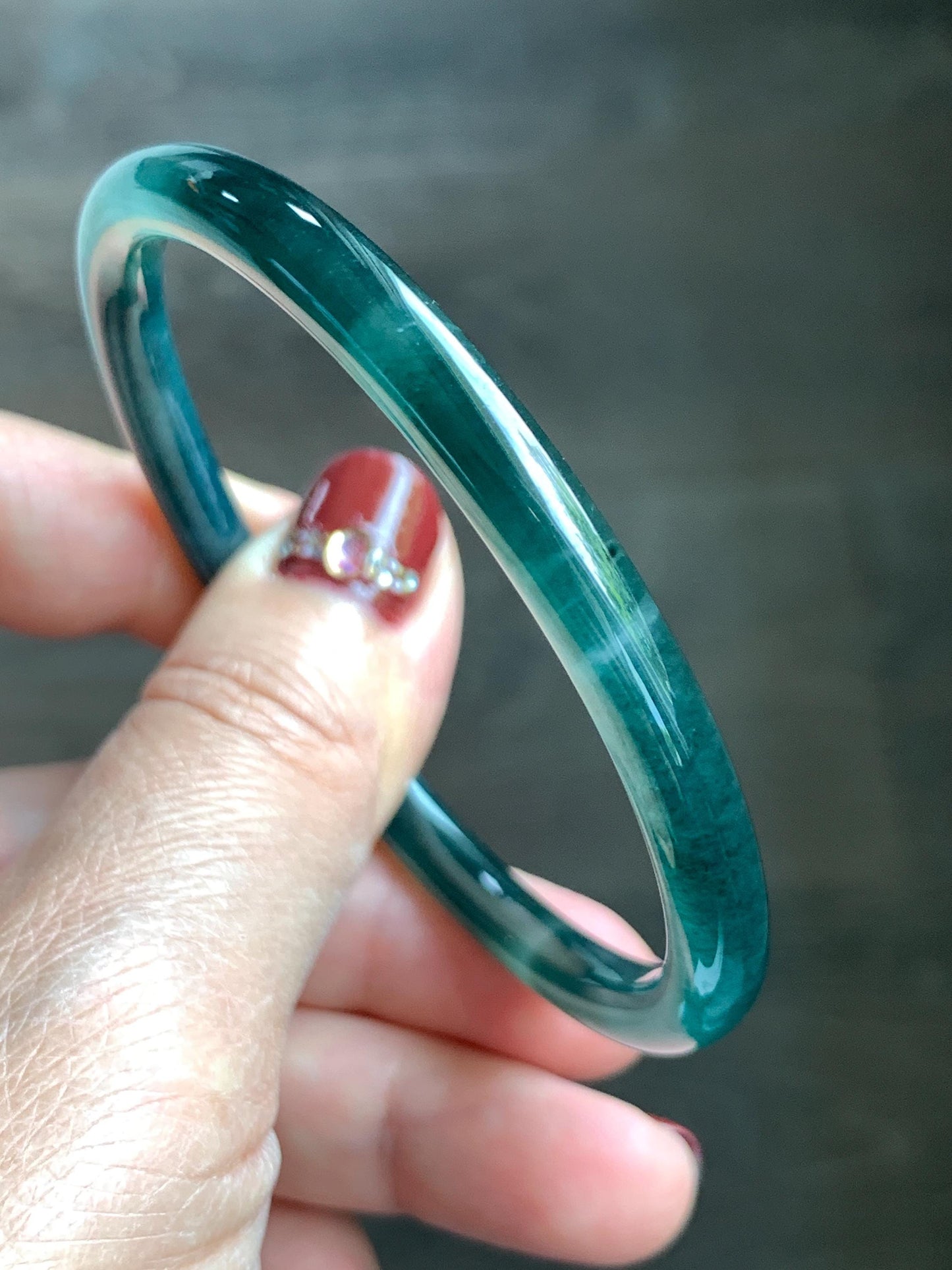 Certified Natural Grade A Guatemalan Icy Translucent Dark Teal Blue Jade Jadeite Slim Bangle 58.71mm 7.25” 18.38g 天然冰胶危深蓝绿翡翠细圆条手镯 728