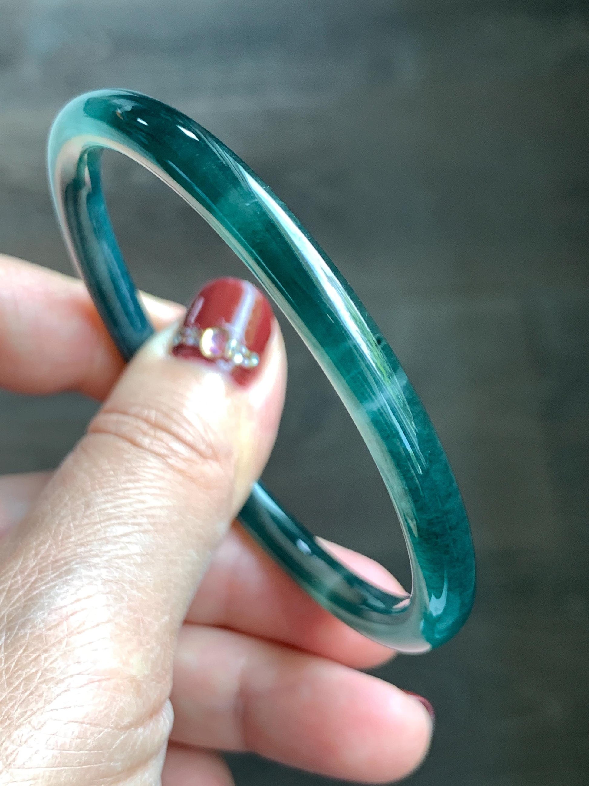 Certified Natural Grade A Guatemalan Icy Translucent Dark Teal Blue Jade Jadeite Slim Bangle 58.71mm 7.25” 18.38g 天然冰胶危深蓝绿翡翠细圆条手镯 728