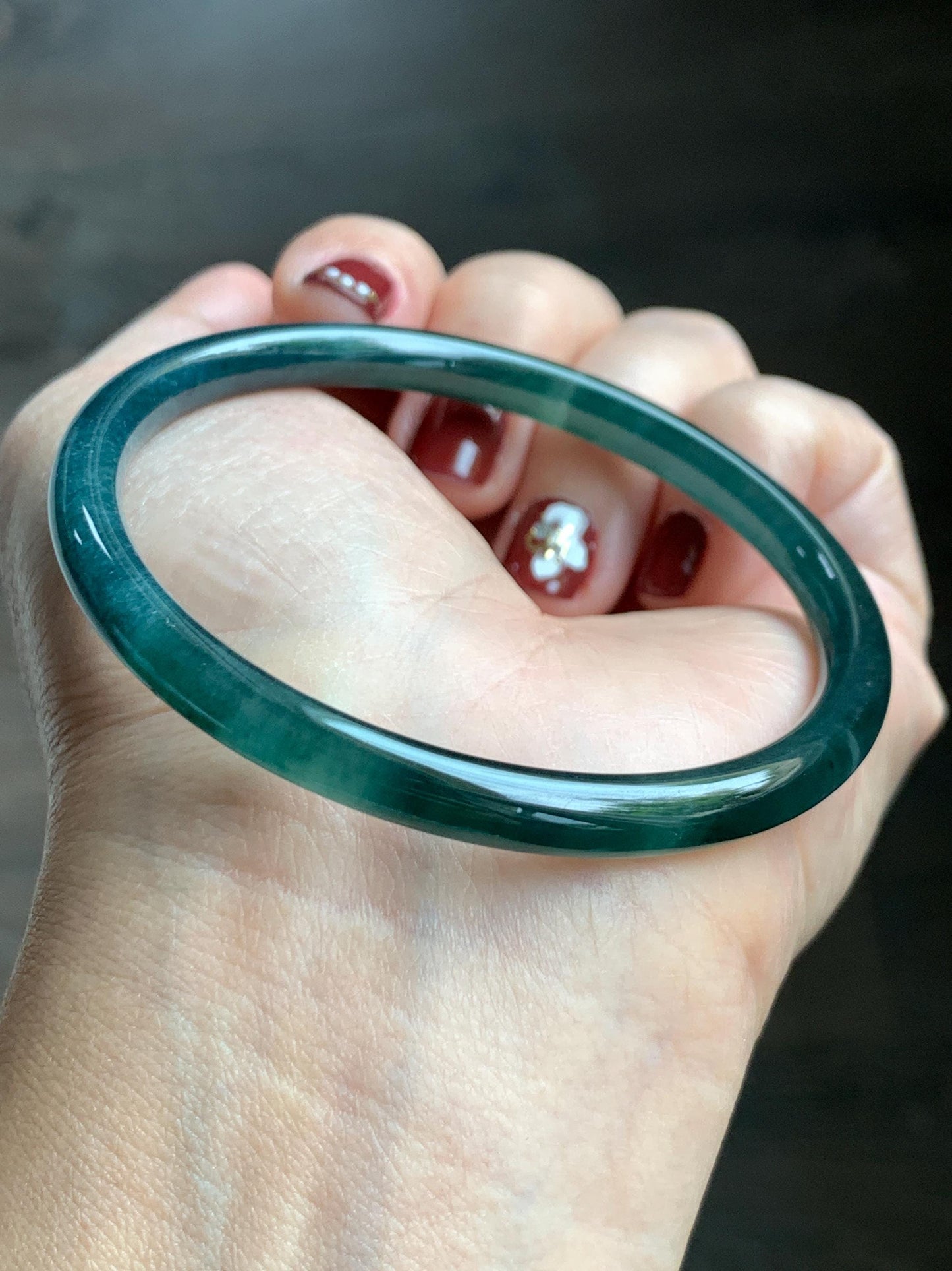 Certified Natural Grade A Guatemalan Icy Translucent Dark Teal Blue Jade Jadeite Slim Bangle 58.71mm 7.25” 18.38g 天然冰胶危深蓝绿翡翠细圆条手镯 728