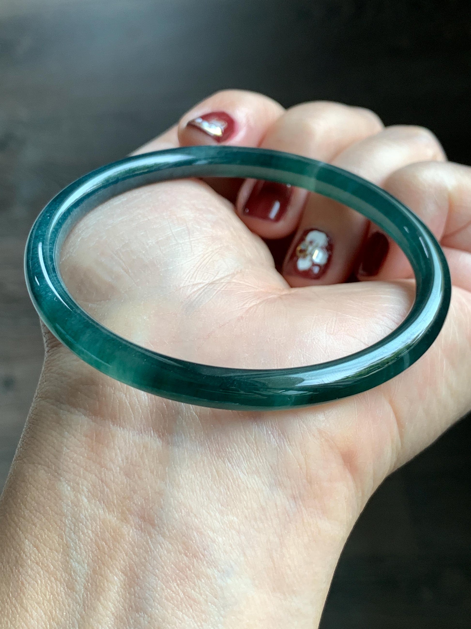 Certified Natural Grade A Guatemalan Icy Translucent Dark Teal Blue Jade Jadeite Slim Bangle 58.71mm 7.25” 18.38g 天然冰胶危深蓝绿翡翠细圆条手镯 728