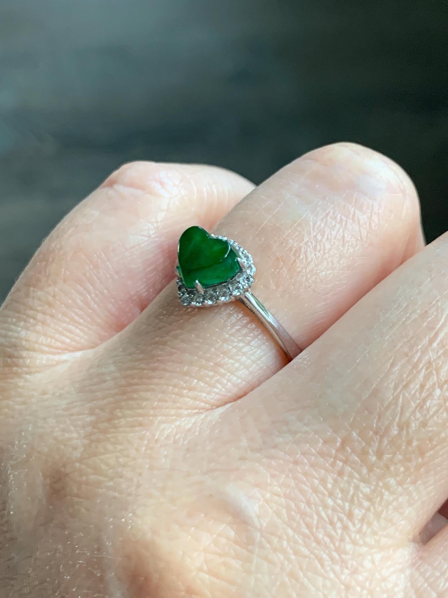Natural Grade A Guatemalan Icy Translucent Vibrant Green Jade Jadeite Heart Halo Ring Sterling Silver Size 7 Adjustable 天然冰危绿翡翠爱心戒指 AXJ66
