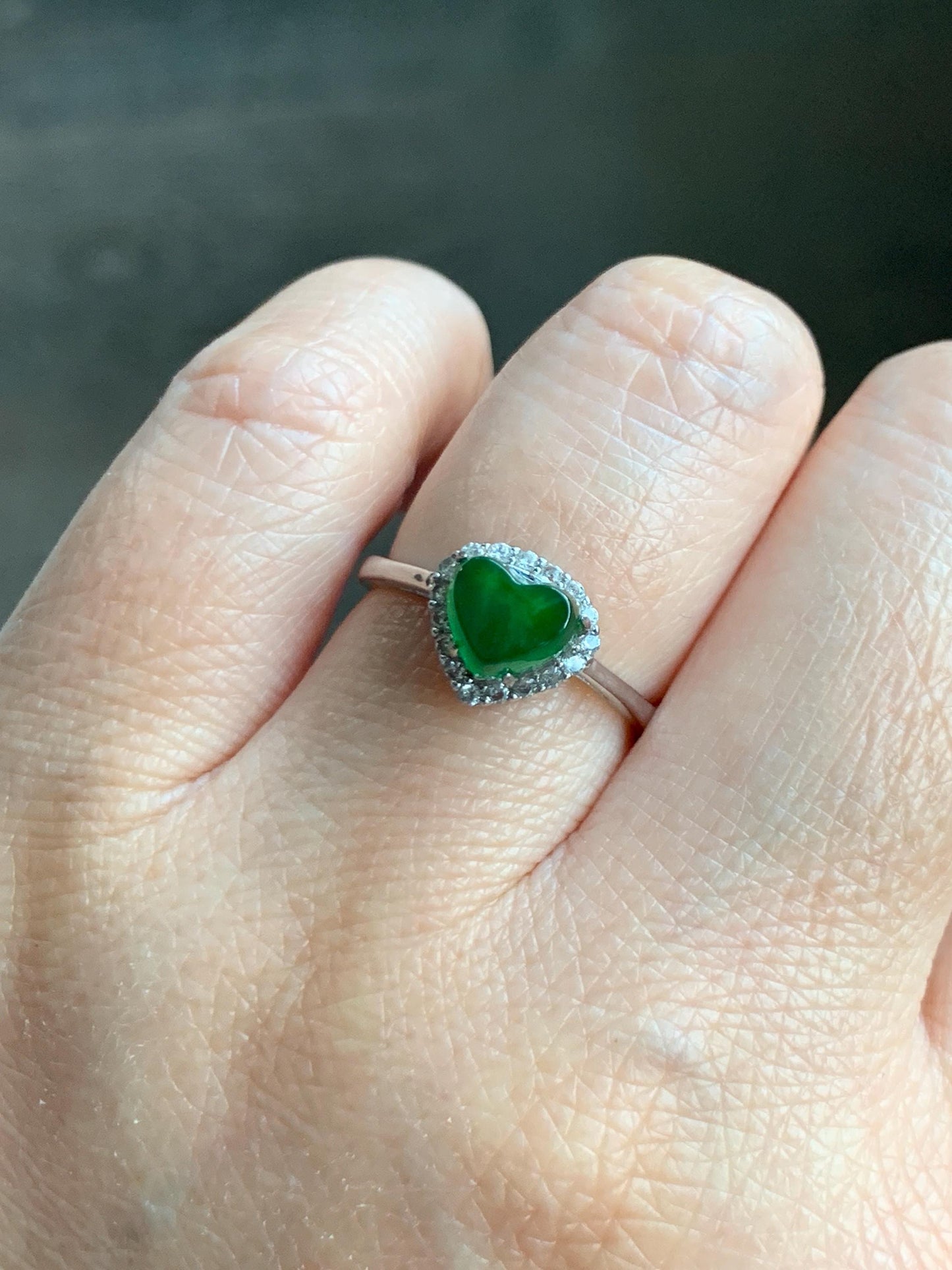 Natural Grade A Guatemalan Icy Translucent Vibrant Green Jade Jadeite Heart Halo Ring Sterling Silver Size 7 Adjustable 天然冰危绿翡翠爱心戒指 AXJ66