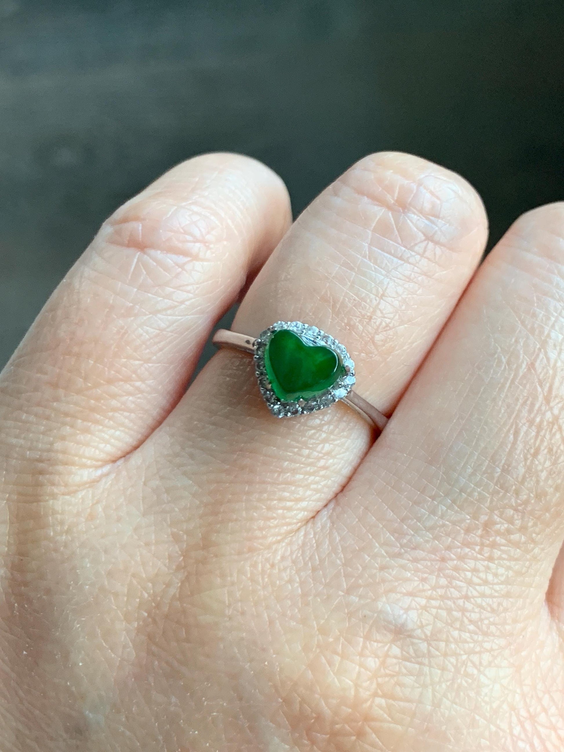 Natural Grade A Guatemalan Icy Translucent Vibrant Green Jade Jadeite Heart Halo Ring Sterling Silver Size 7 Adjustable 天然冰危绿翡翠爱心戒指 AXJ66