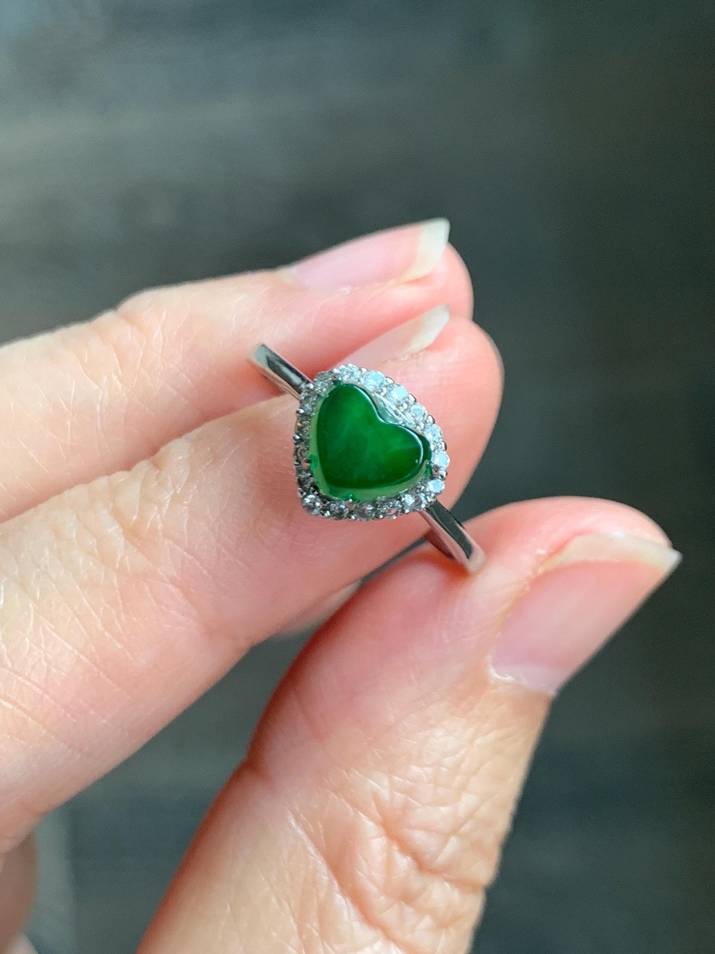Natural Grade A Guatemalan Icy Translucent Vibrant Green Jade Jadeite Heart Halo Ring Sterling Silver Size 7 Adjustable 天然冰危绿翡翠爱心戒指 AXJ66