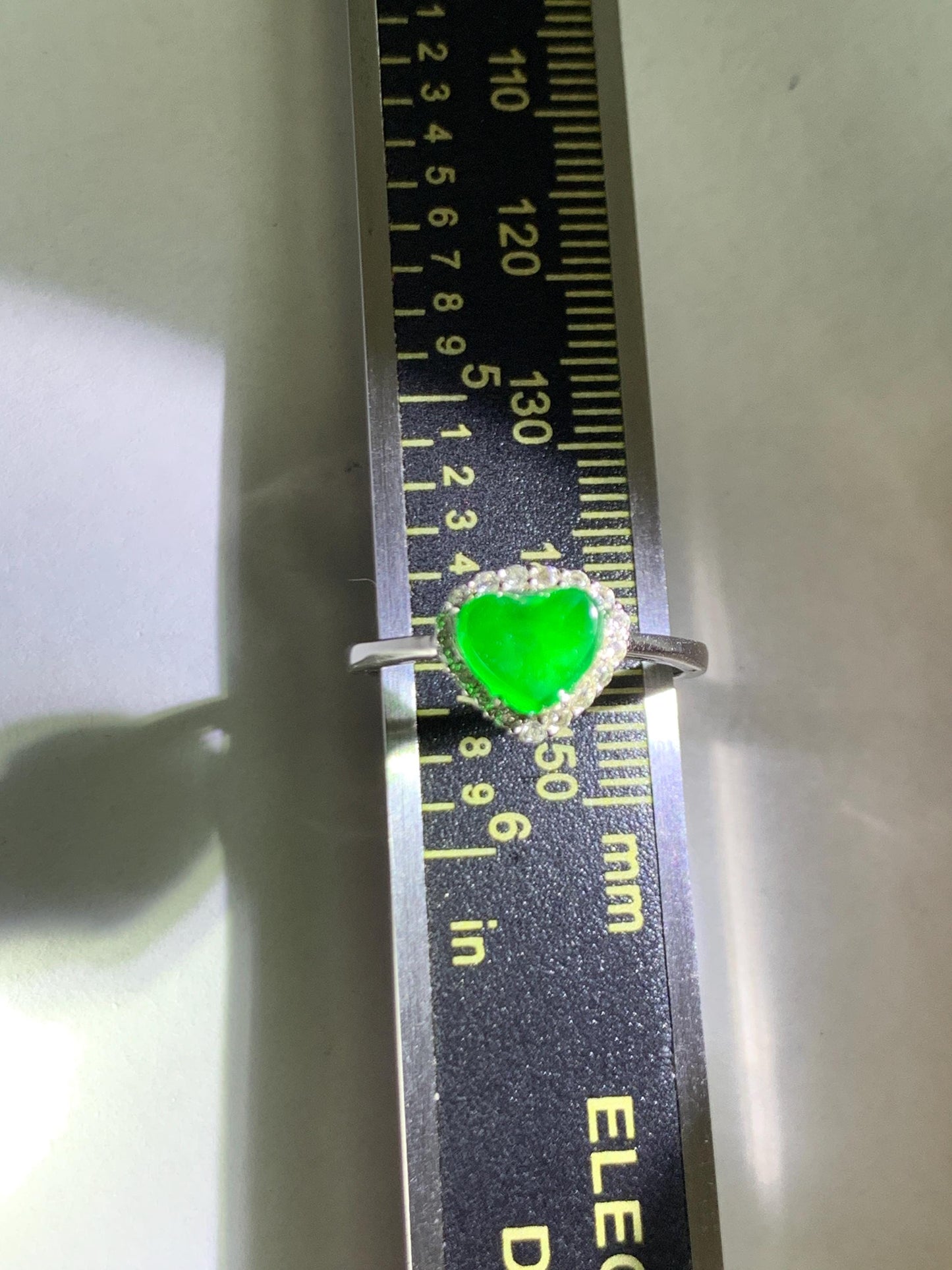 Natural Grade A Guatemalan Icy Translucent Vibrant Green Jade Jadeite Heart Halo Ring Sterling Silver Size 7 Adjustable 天然冰危绿翡翠爱心戒指 AXJ66