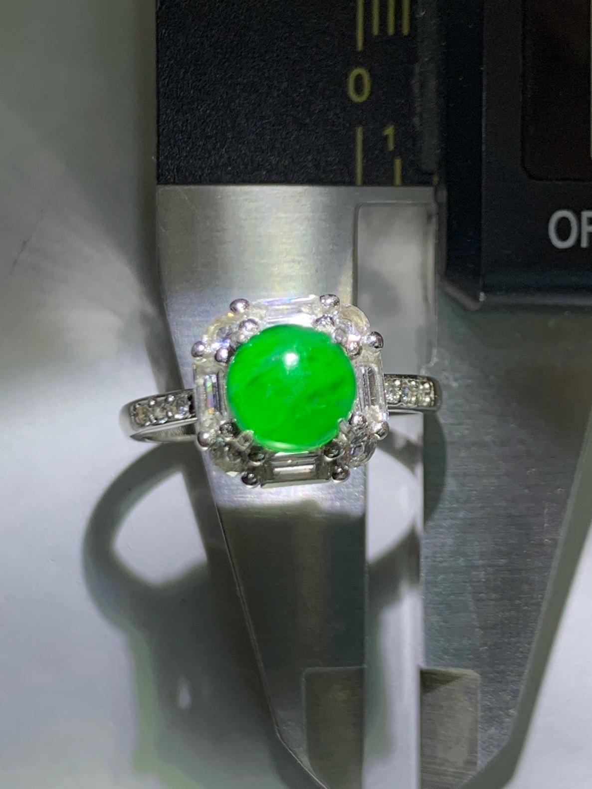 Natural Grade A Guatemalan Icy Translucent Vibrant Green Jade Jadeite Ring Sterling Silver Size 7 Adjustable 3g 天然冰危绿翡翠蛋面银镶戒指 WLR88