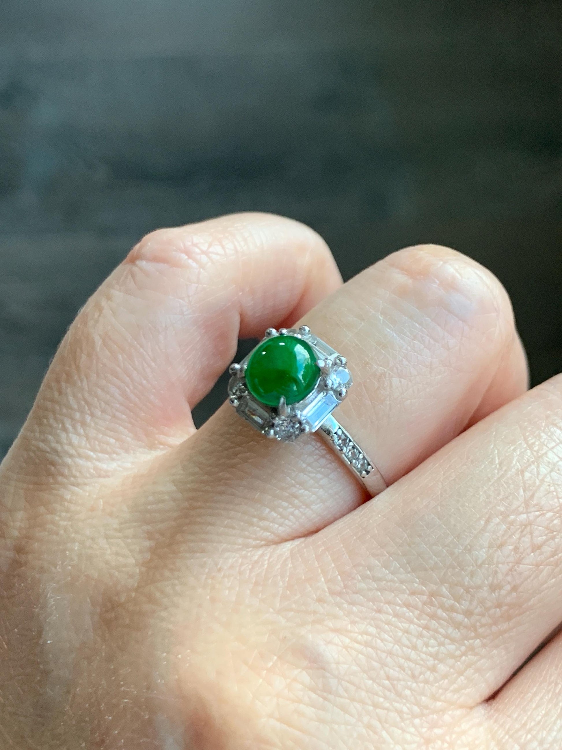 Natural Grade A Guatemalan Icy Translucent Vibrant Green Jade Jadeite Ring Sterling Silver Size 7 Adjustable 3g 天然冰危绿翡翠蛋面银镶戒指 WLR88