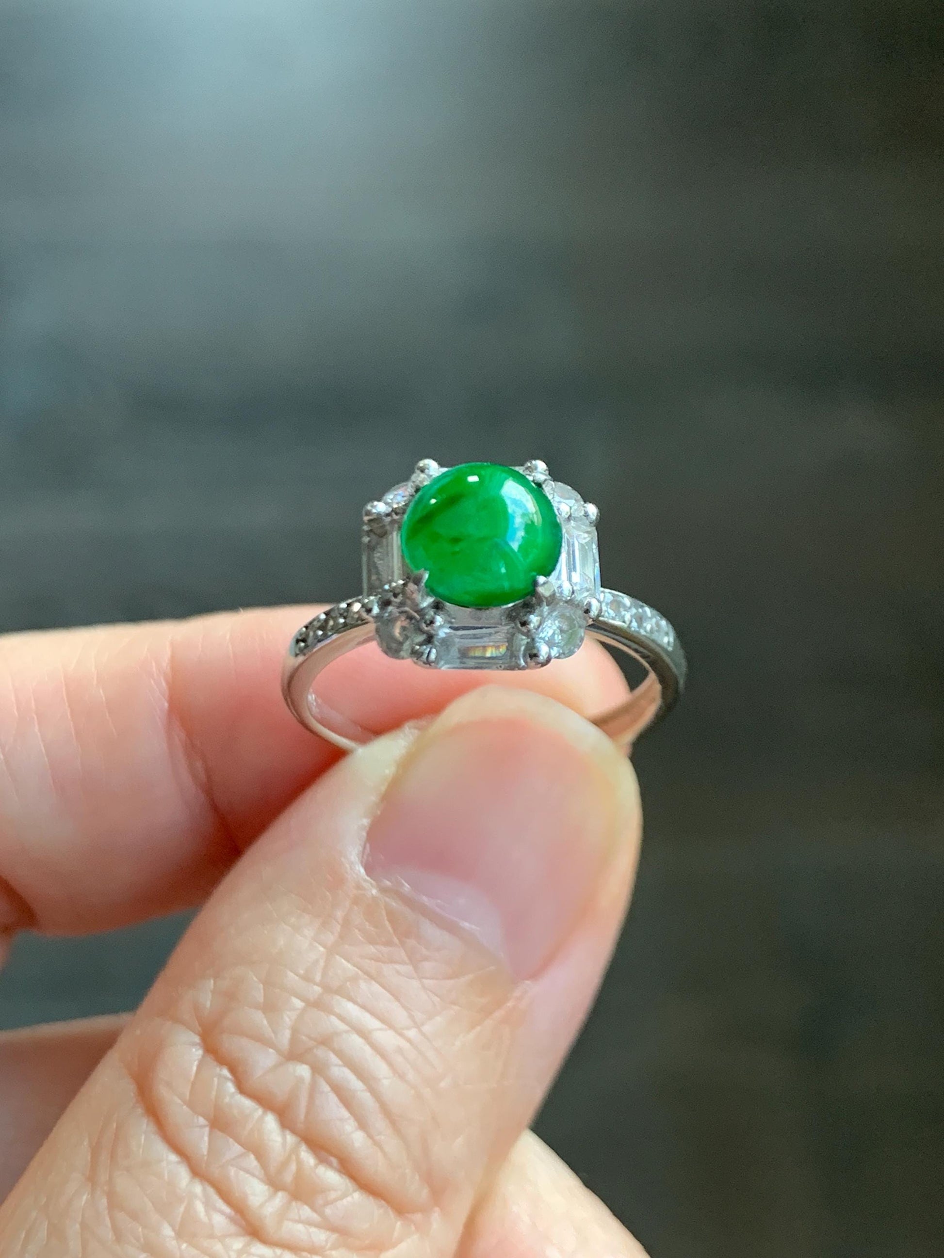 Natural Grade A Guatemalan Icy Translucent Vibrant Green Jade Jadeite Ring Sterling Silver Size 7 Adjustable 3g 天然冰危绿翡翠蛋面银镶戒指 WLR88