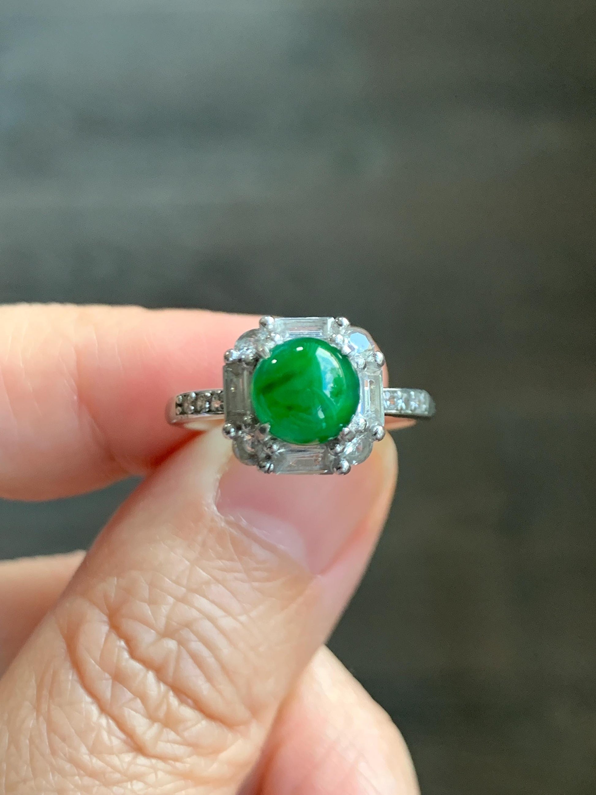 Natural Grade A Guatemalan Icy Translucent Vibrant Green Jade Jadeite Ring Sterling Silver Size 7 Adjustable 3g 天然冰危绿翡翠蛋面银镶戒指 WLR88