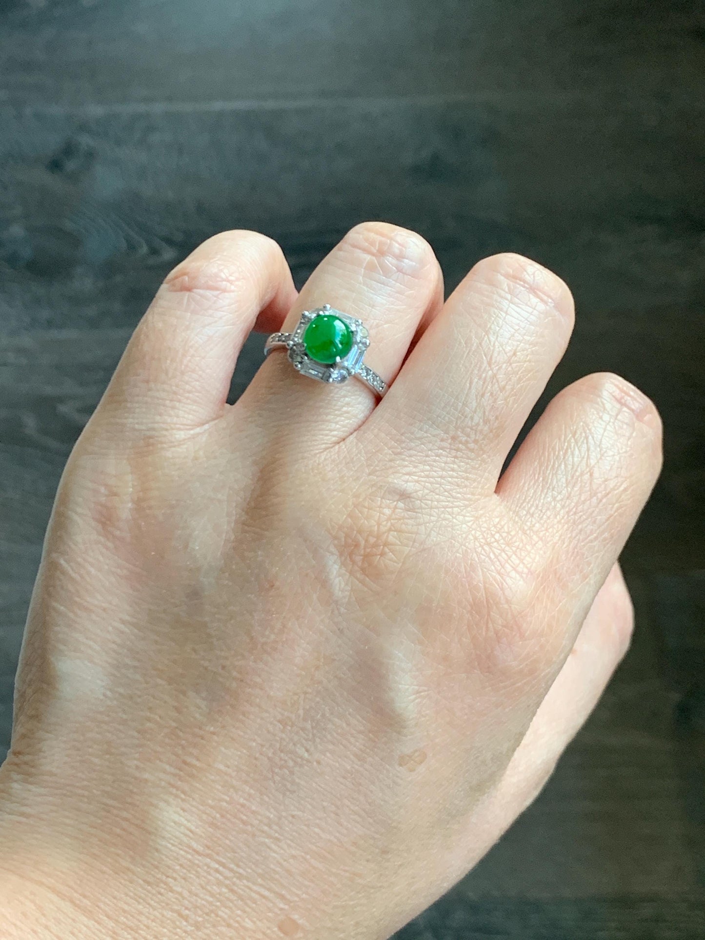 Natural Grade A Guatemalan Icy Translucent Vibrant Green Jade Jadeite Ring Sterling Silver Size 7 Adjustable 3g 天然冰危绿翡翠蛋面银镶戒指 WLR88