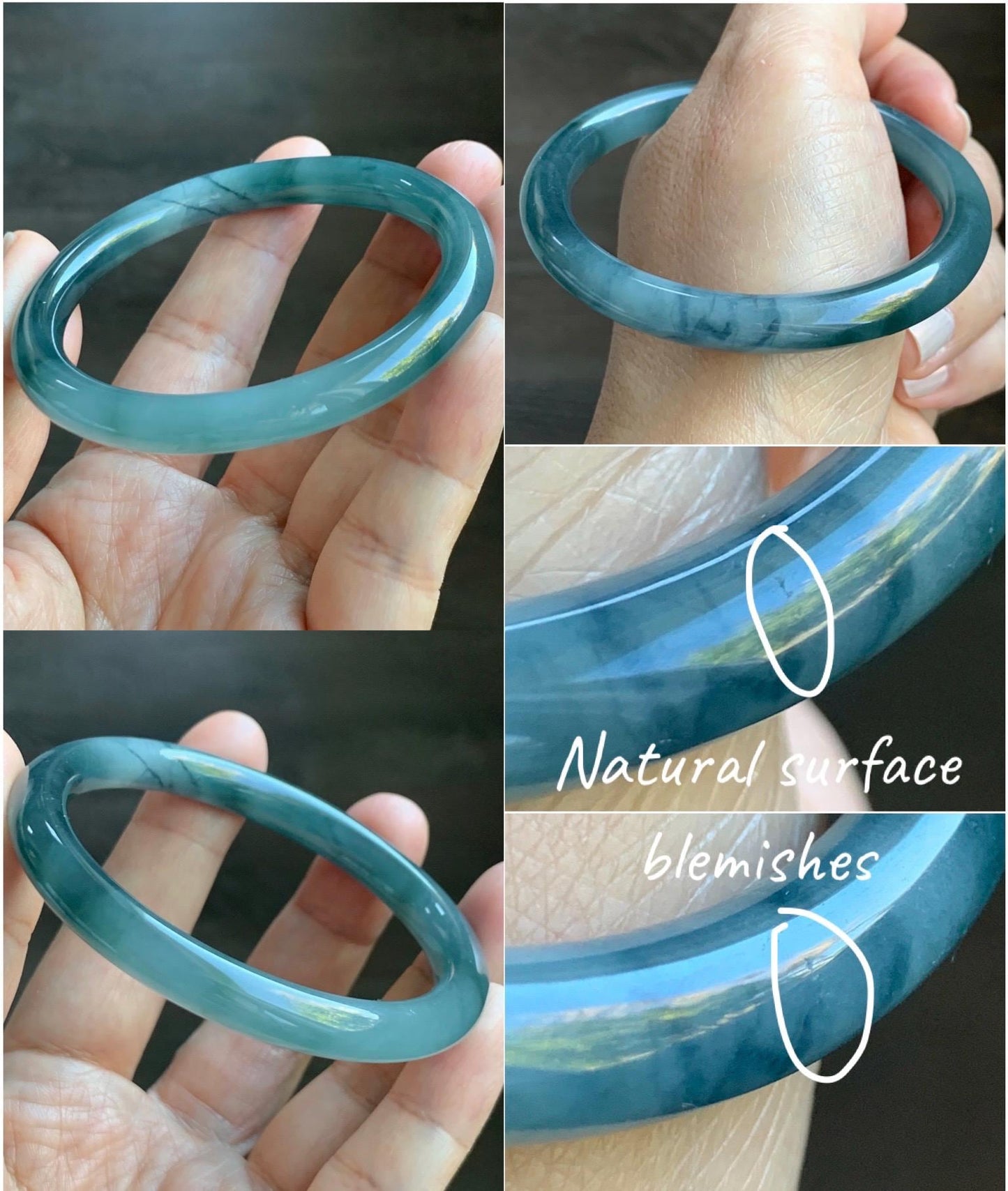 Certified Natural Grade A Guatemalan Icy Translucent Dusty Teal Blue Marbled Jade Jadeite Bangle Bracelet 54.59mm 6.75” 天然冰危蓝飘花翡翠圆条手镯 717