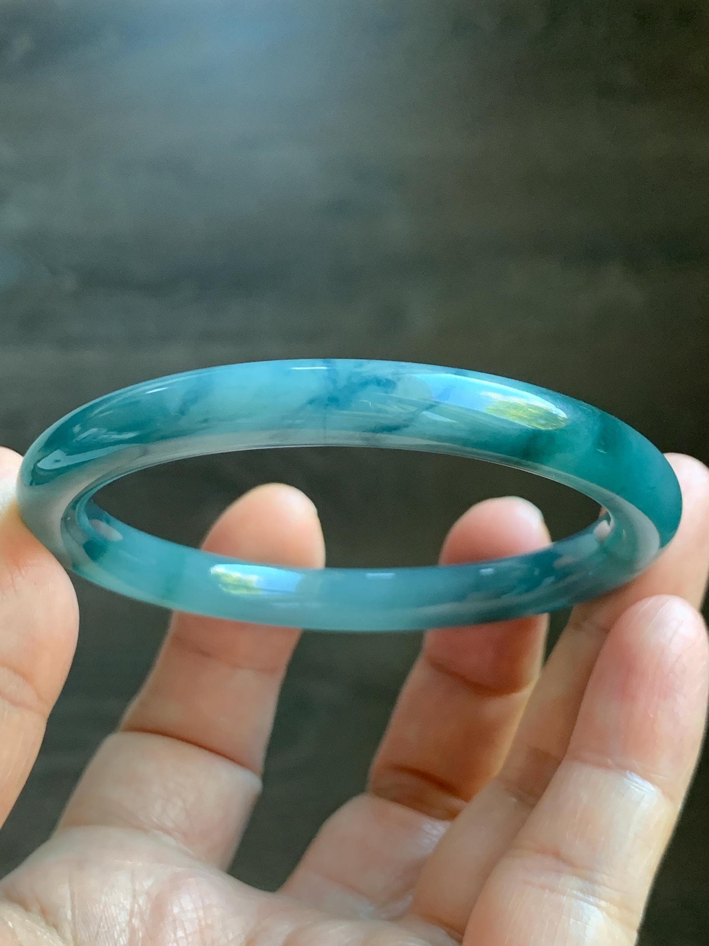 Certified Natural Grade A Guatemalan Icy Translucent Dusty Teal Blue Marbled Jade Jadeite Bangle Bracelet 54.59mm 6.75” 天然冰危蓝飘花翡翠圆条手镯 717