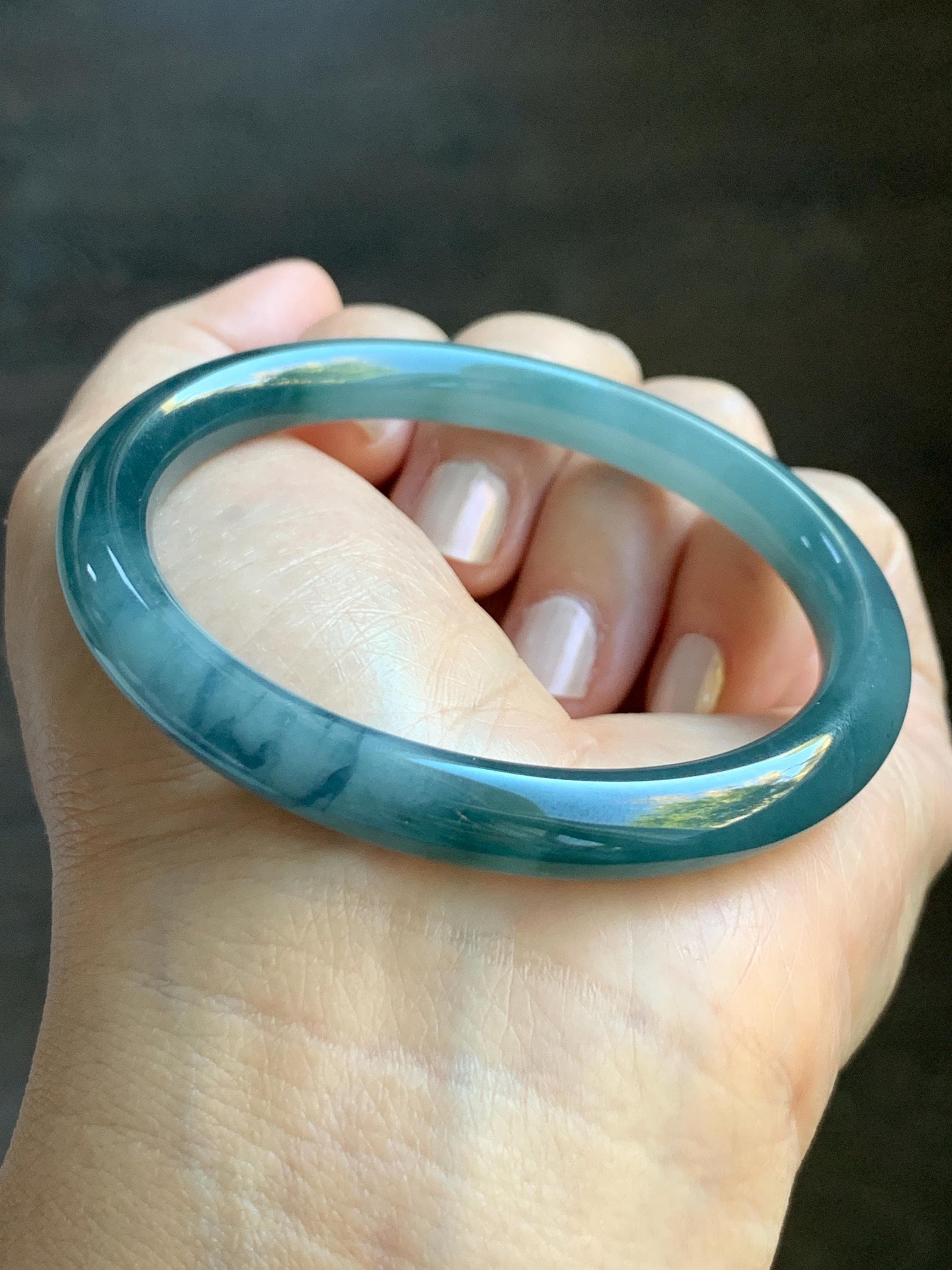 Certified Natural Grade A Guatemalan Icy Translucent Dusty Teal Blue Marbled Jade Jadeite Bangle Bracelet 54.59mm 6.75” 天然冰危蓝飘花翡翠圆条手镯 717