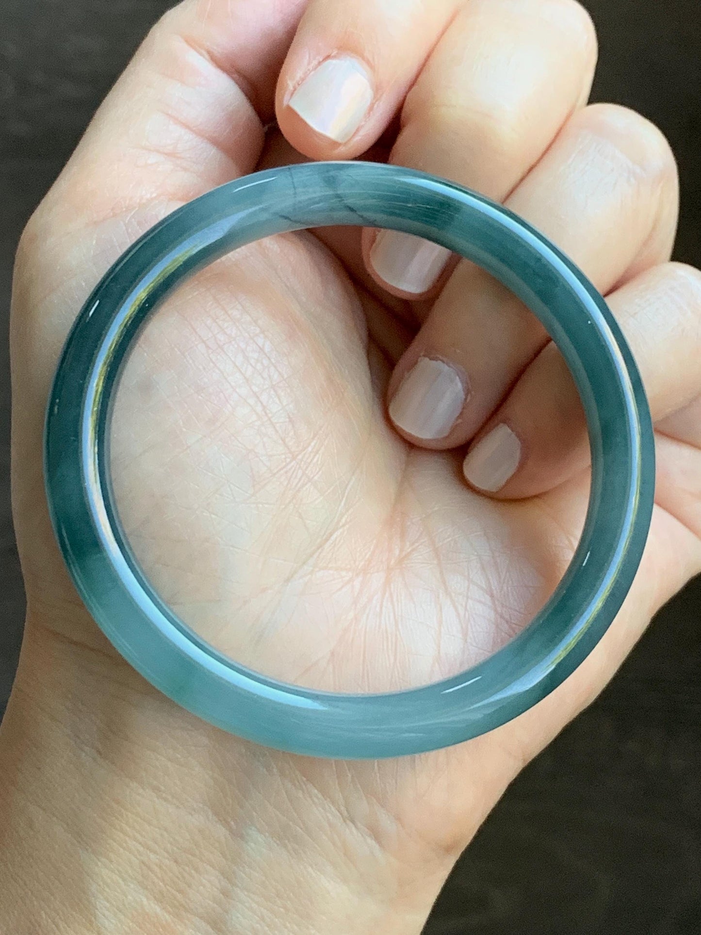 Certified Natural Grade A Guatemalan Icy Translucent Dusty Teal Blue Marbled Jade Jadeite Bangle Bracelet 54.59mm 6.75” 天然冰危蓝飘花翡翠圆条手镯 717