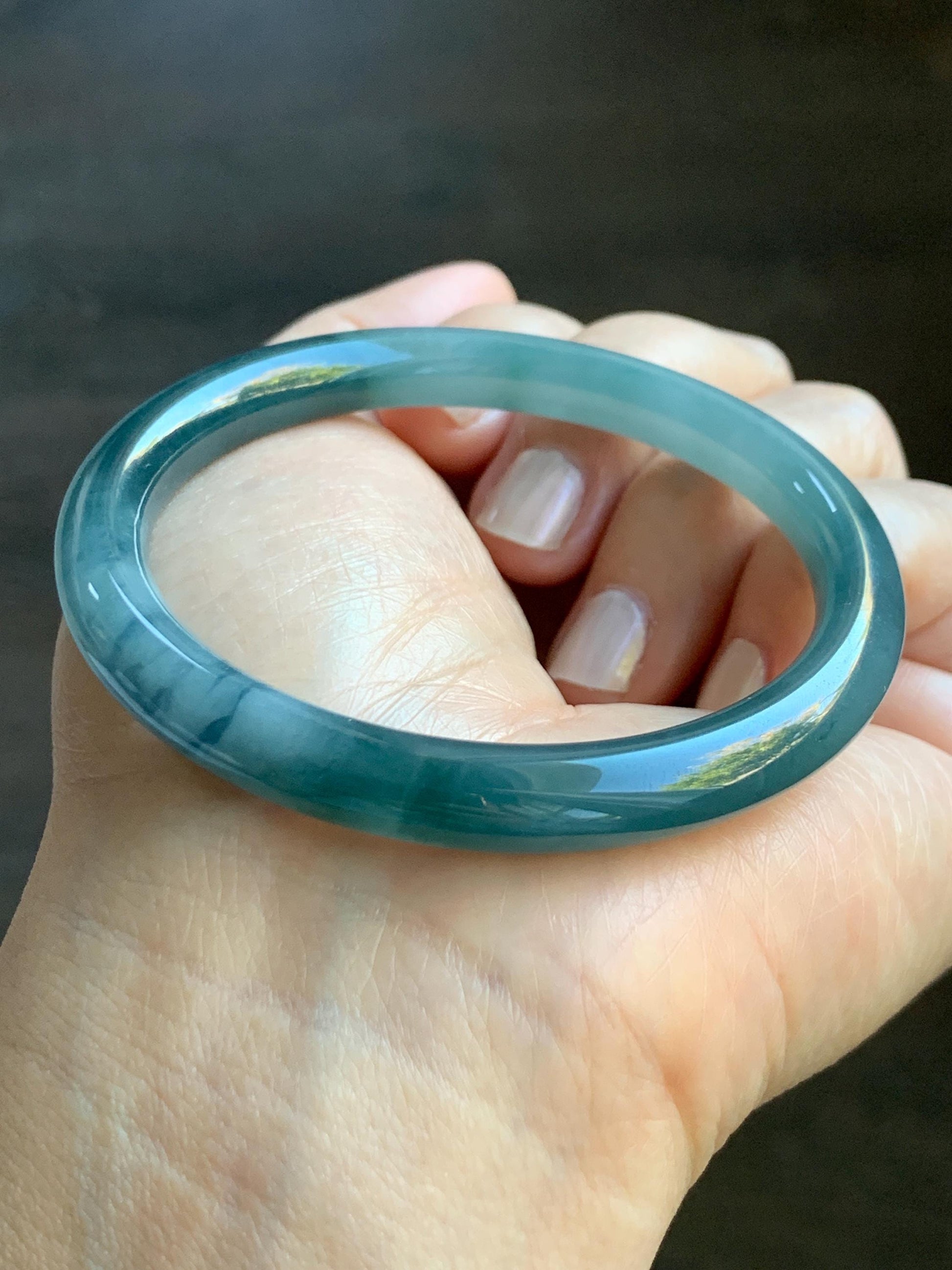 Certified Natural Grade A Guatemalan Icy Translucent Dusty Teal Blue Marbled Jade Jadeite Bangle Bracelet 54.59mm 6.75” 天然冰危蓝飘花翡翠圆条手镯 717