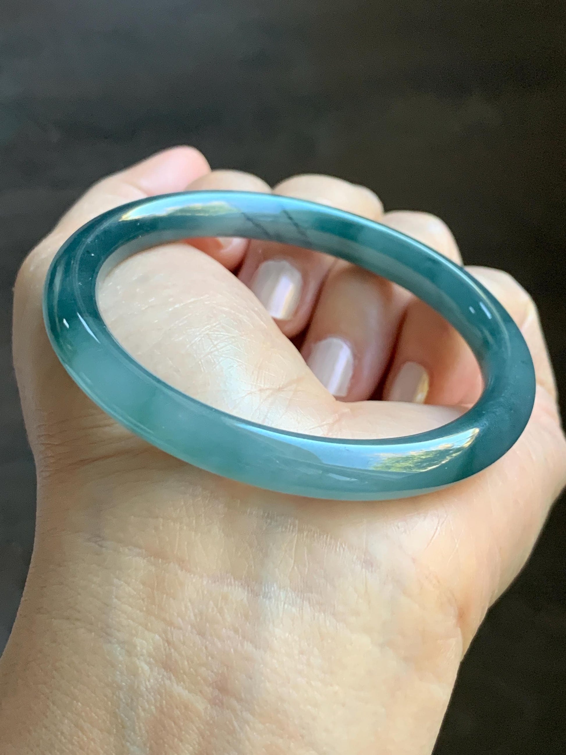 Certified Natural Grade A Guatemalan Icy Translucent Dusty Teal Blue Marbled Jade Jadeite Bangle Bracelet 54.59mm 6.75” 天然冰危蓝飘花翡翠圆条手镯 717