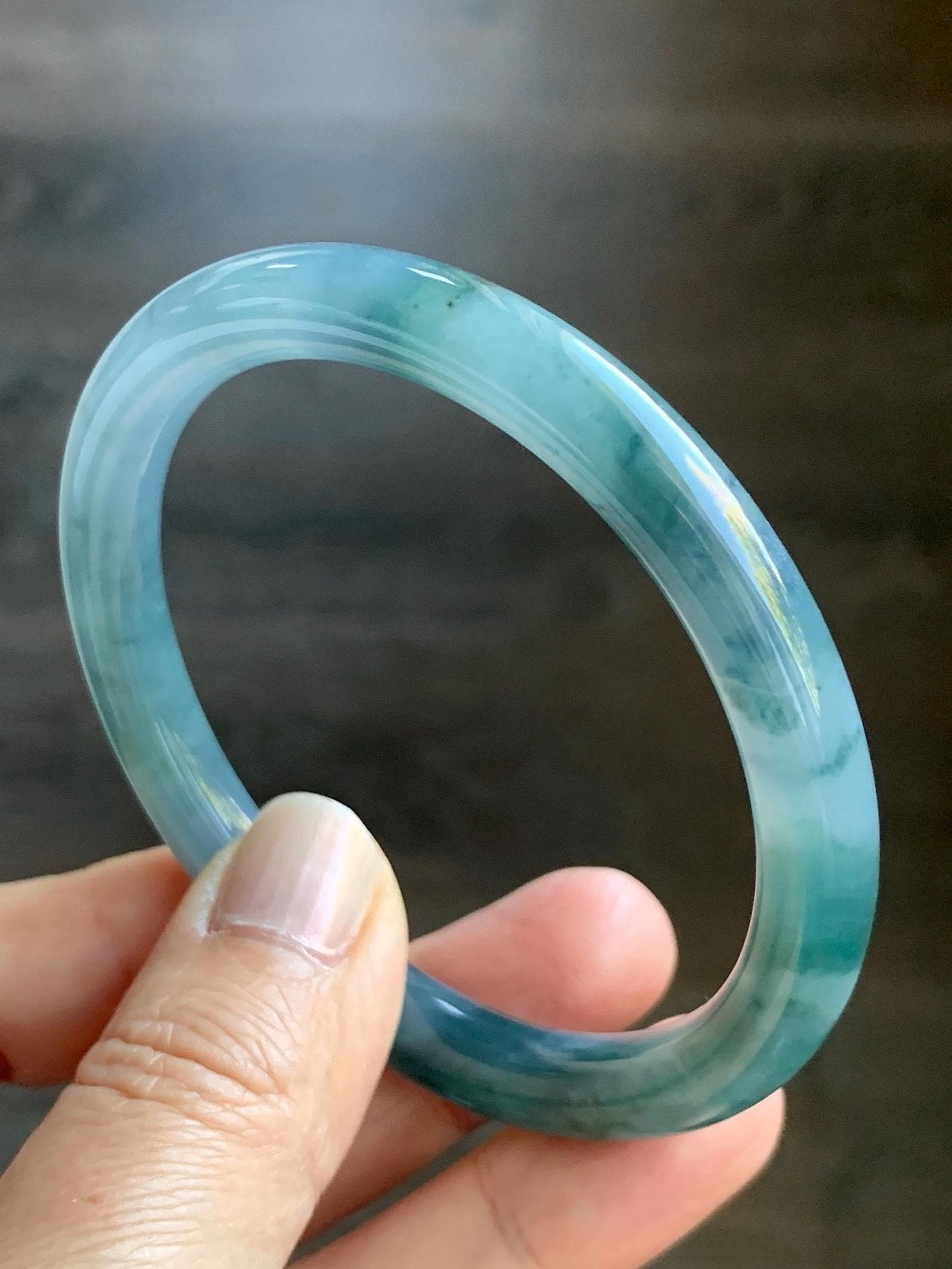 Certified Natural Grade A Guatemalan Icy Translucent Dusty Blue Teal Green Marbled Jade Jadeite Bangle Bracelet 56.6mm 7” 天然冰危蓝飘花翡翠圆条手镯 730