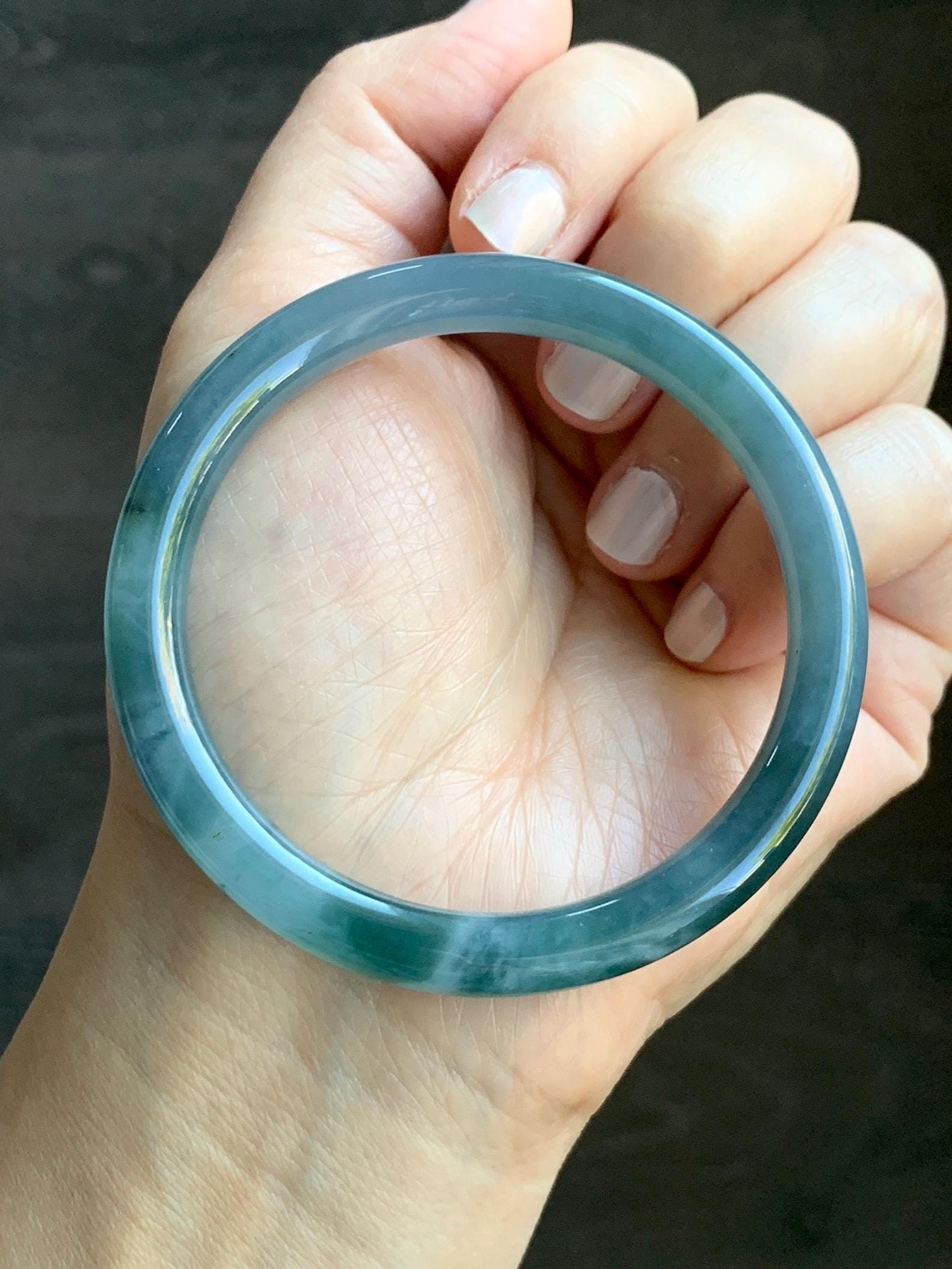 Certified Natural Grade A Guatemalan Icy Translucent Dusty Blue Teal Green Marbled Jade Jadeite Bangle Bracelet 56.6mm 7” 天然冰危蓝飘花翡翠圆条手镯 730
