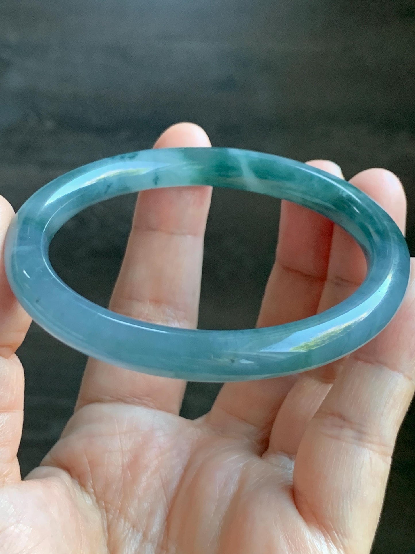 Certified Natural Grade A Guatemalan Icy Translucent Dusty Blue Teal Green Marbled Jade Jadeite Bangle Bracelet 56.6mm 7” 天然冰危蓝飘花翡翠圆条手镯 730