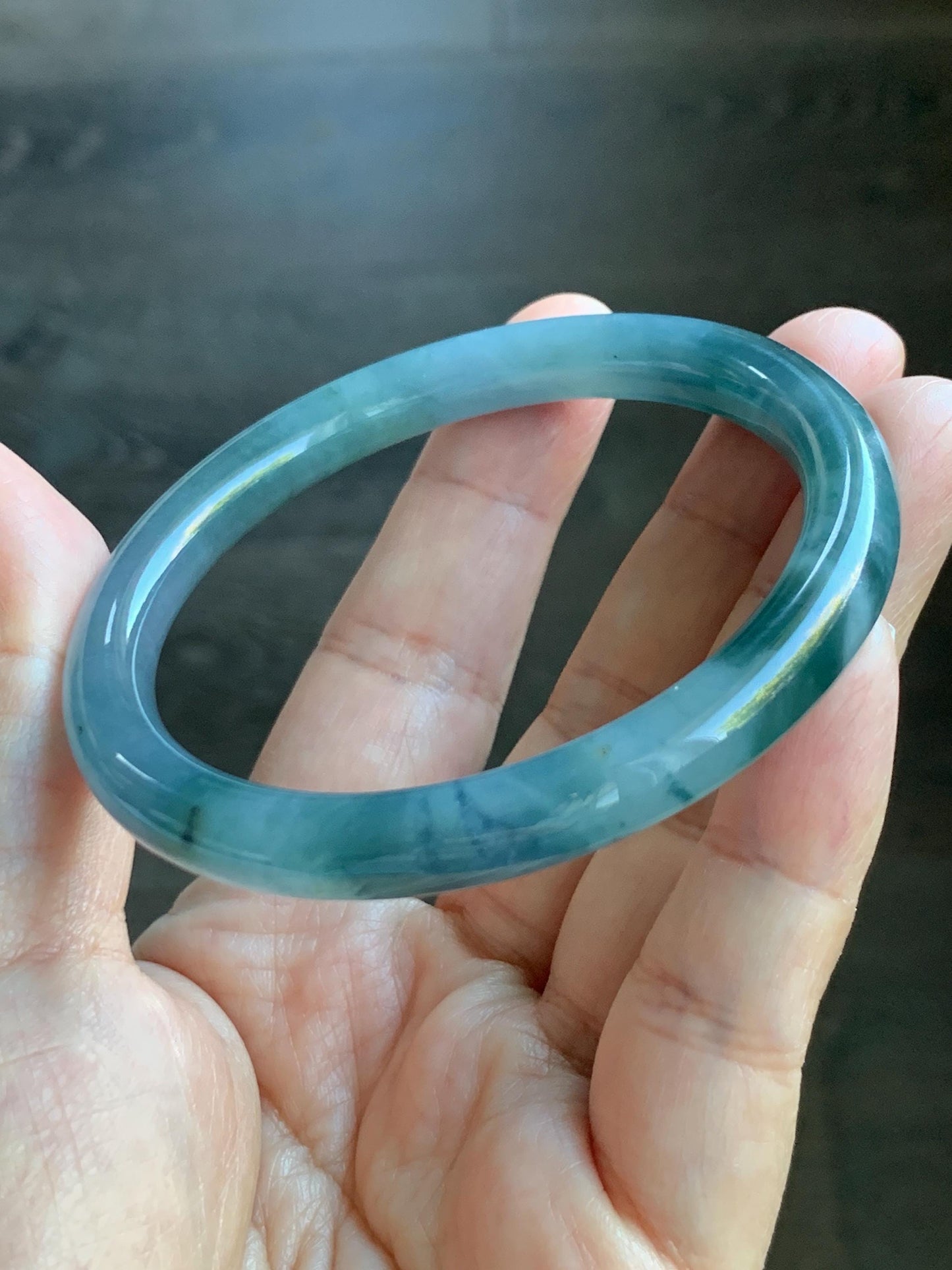 Certified Natural Grade A Guatemalan Icy Translucent Dusty Blue Teal Green Marbled Jade Jadeite Bangle Bracelet 56.6mm 7” 天然冰危蓝飘花翡翠圆条手镯 730