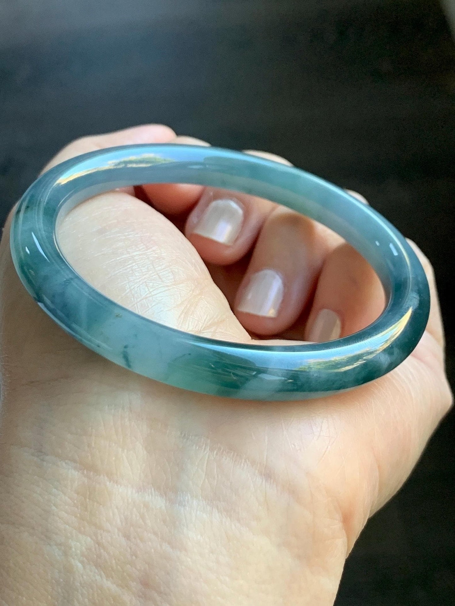 Certified Natural Grade A Guatemalan Icy Translucent Dusty Blue Teal Green Marbled Jade Jadeite Bangle Bracelet 56.6mm 7” 天然冰危蓝飘花翡翠圆条手镯 730