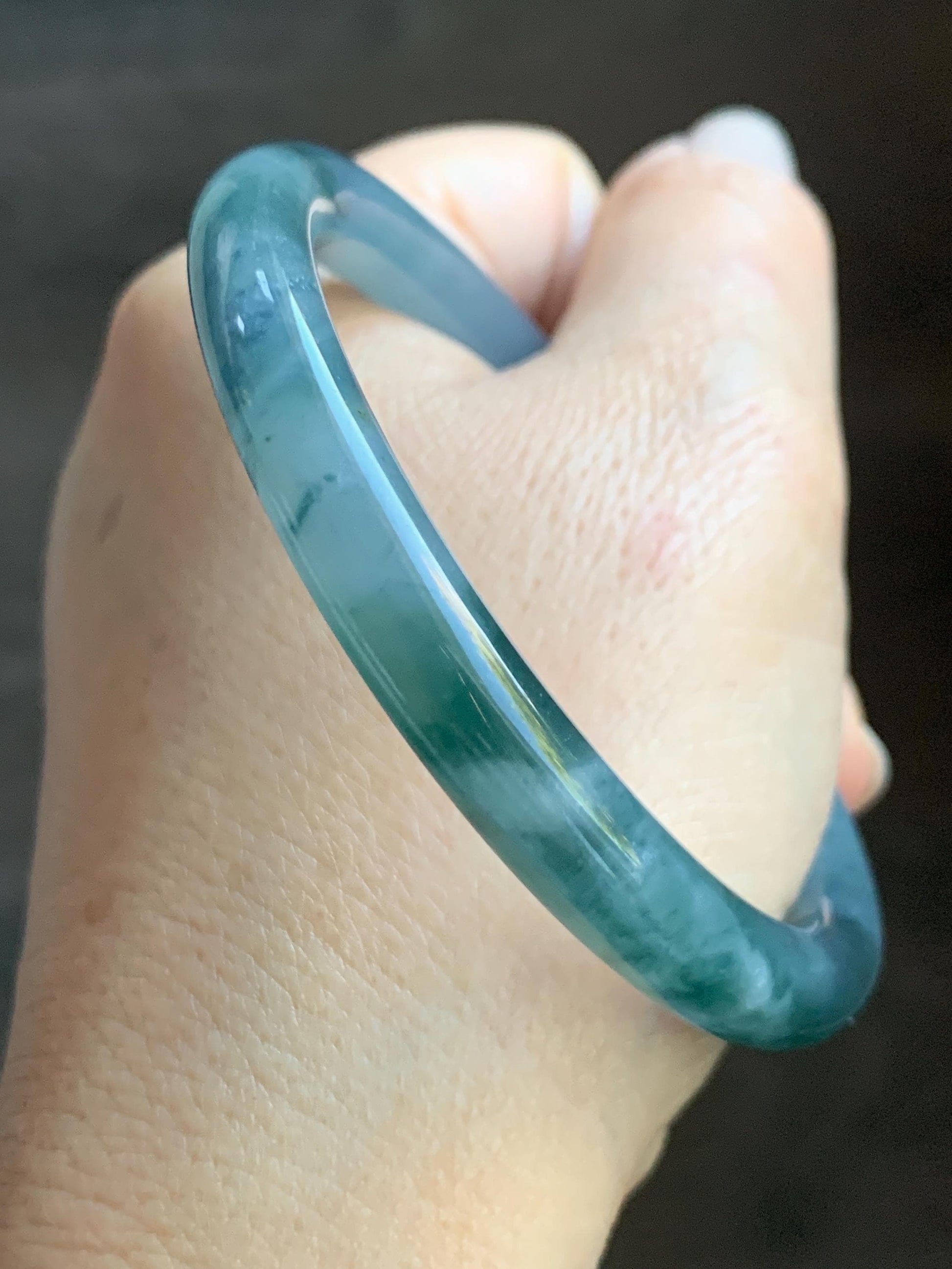Certified Natural Grade A Guatemalan Icy Translucent Dusty Blue Teal Green Marbled Jade Jadeite Bangle Bracelet 56.6mm 7” 天然冰危蓝飘花翡翠圆条手镯 730