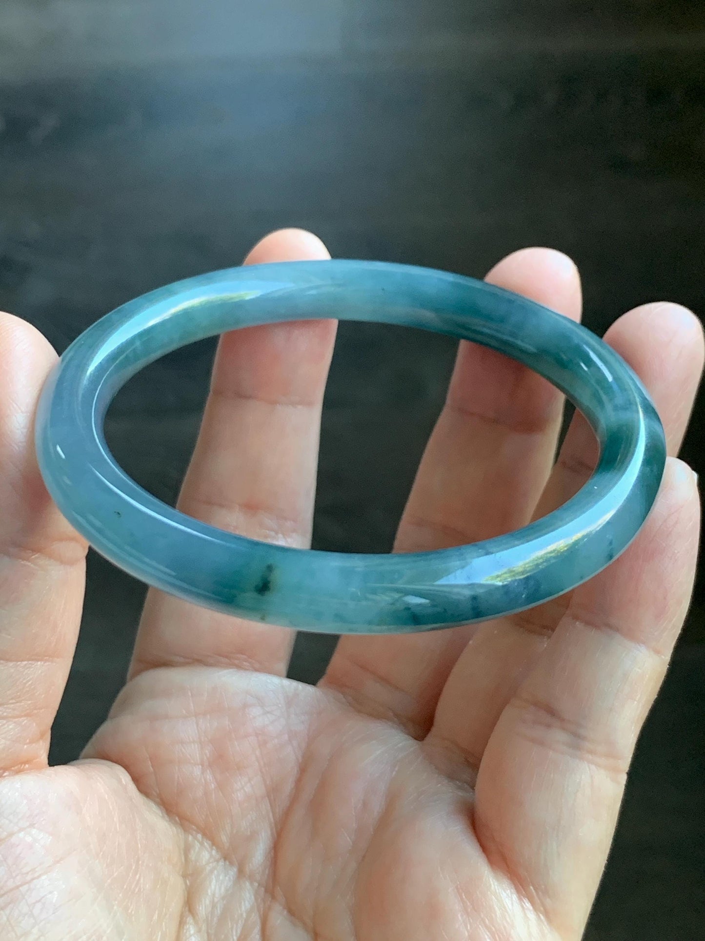 Certified Natural Grade A Guatemalan Icy Translucent Dusty Blue Teal Green Marbled Jade Jadeite Bangle Bracelet 56.6mm 7” 天然冰危蓝飘花翡翠圆条手镯 730