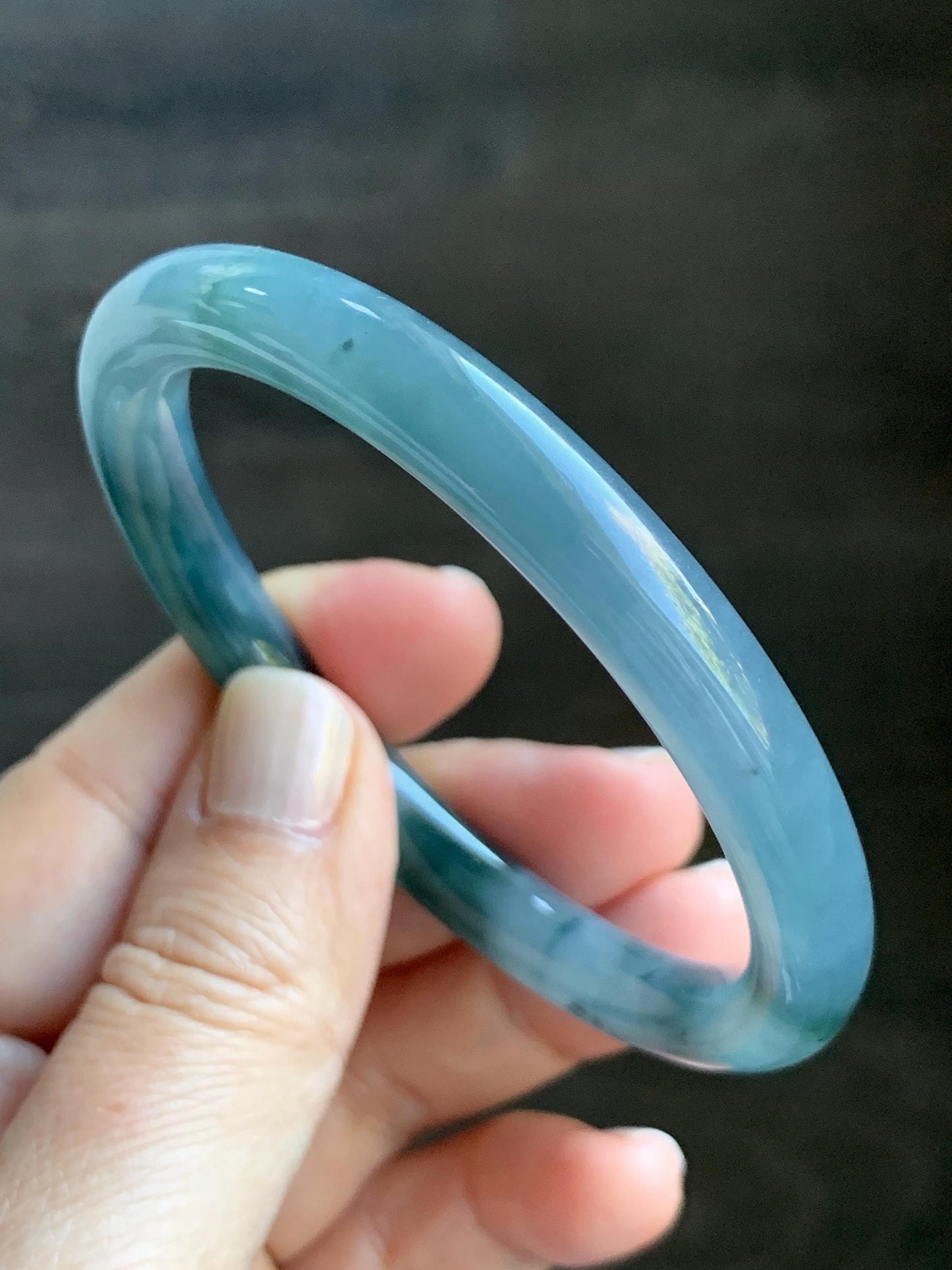Certified Natural Grade A Guatemalan Icy Translucent Dusty Blue Teal Green Marbled Jade Jadeite Bangle Bracelet 56.6mm 7” 天然冰危蓝飘花翡翠圆条手镯 730