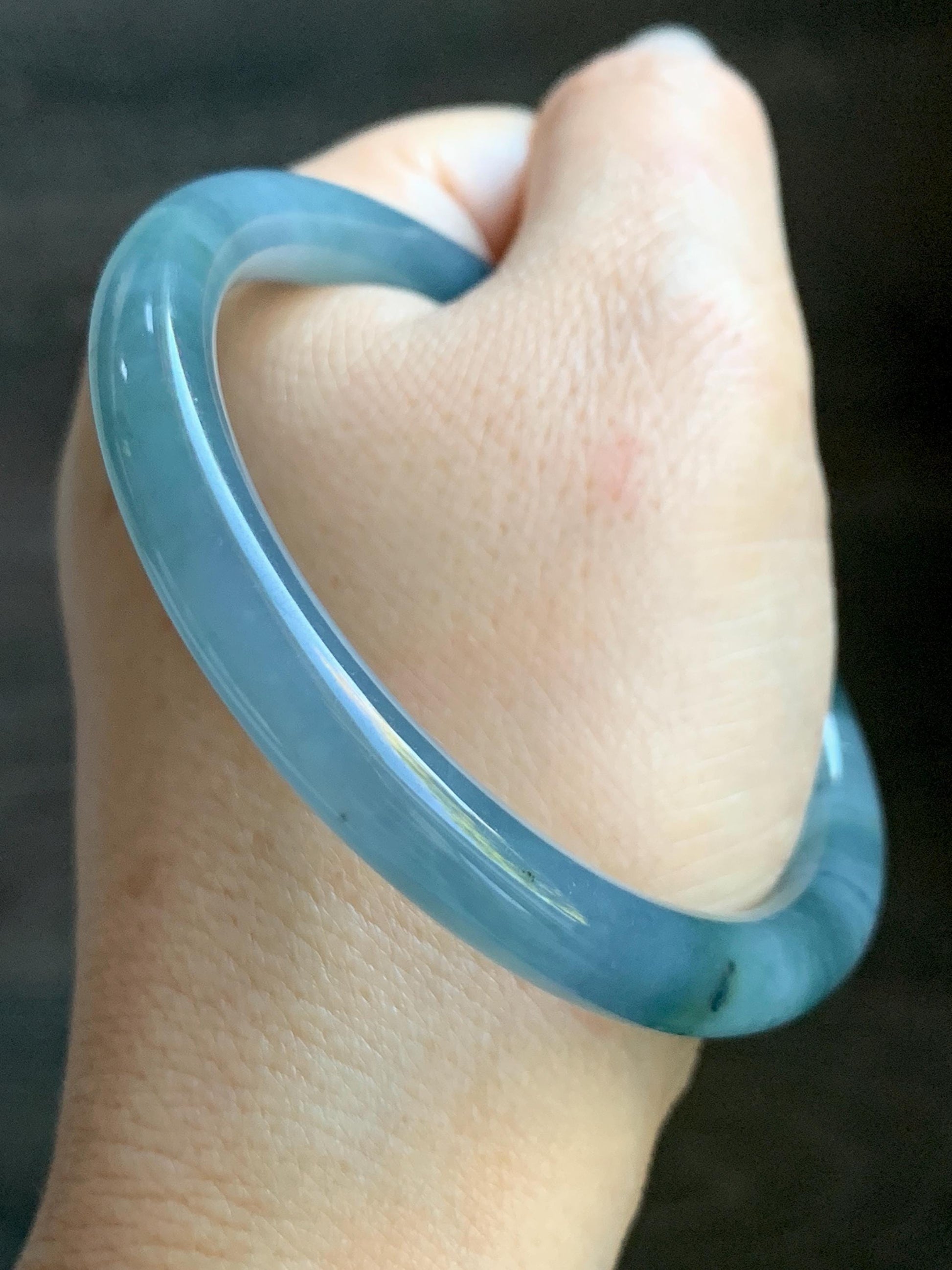 Certified Natural Grade A Guatemalan Icy Translucent Dusty Blue Teal Green Marbled Jade Jadeite Bangle Bracelet 56.6mm 7” 天然冰危蓝飘花翡翠圆条手镯 730
