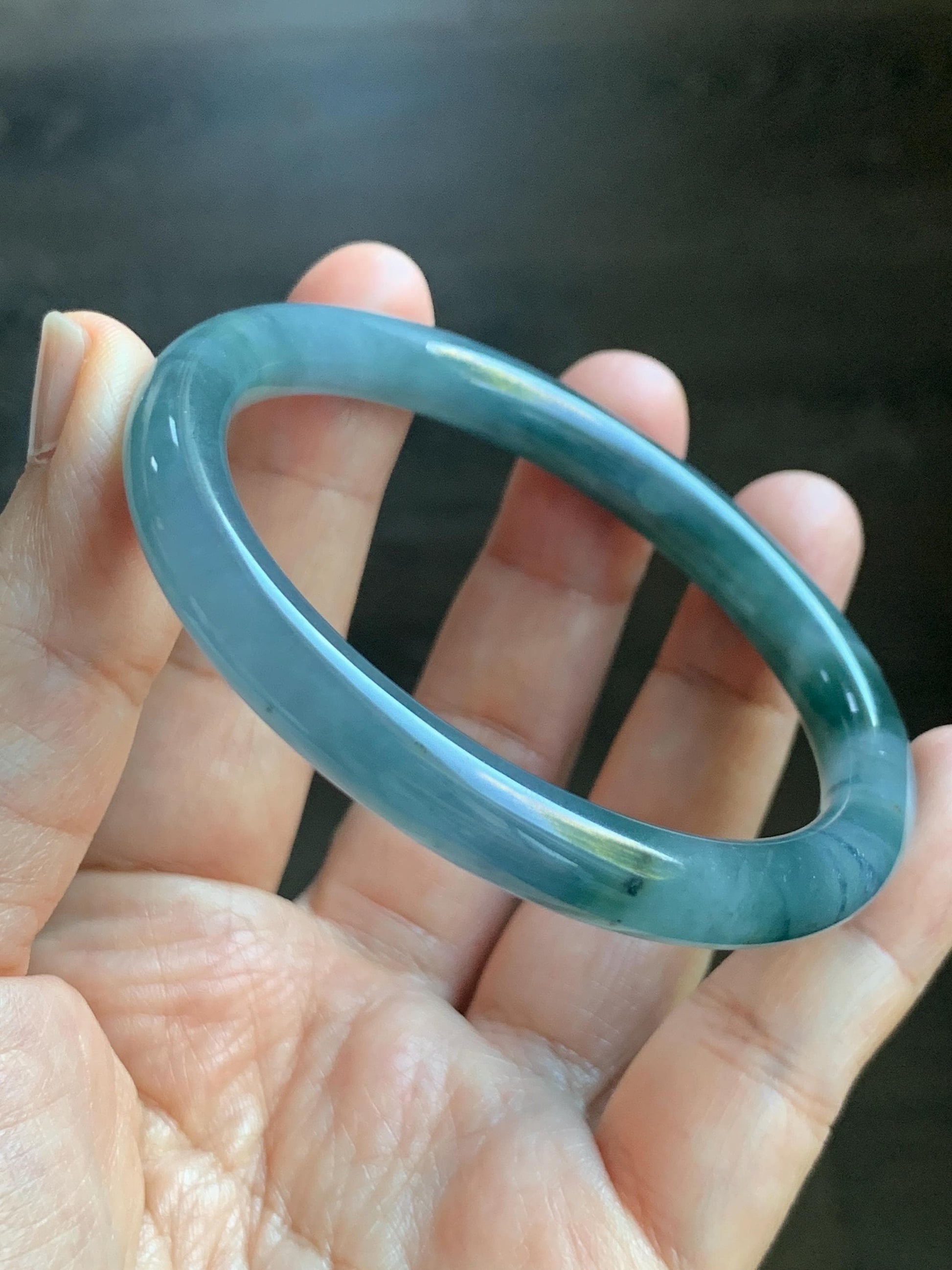 Certified Natural Grade A Guatemalan Icy Translucent Dusty Blue Teal Green Marbled Jade Jadeite Bangle Bracelet 56.6mm 7” 天然冰危蓝飘花翡翠圆条手镯 730