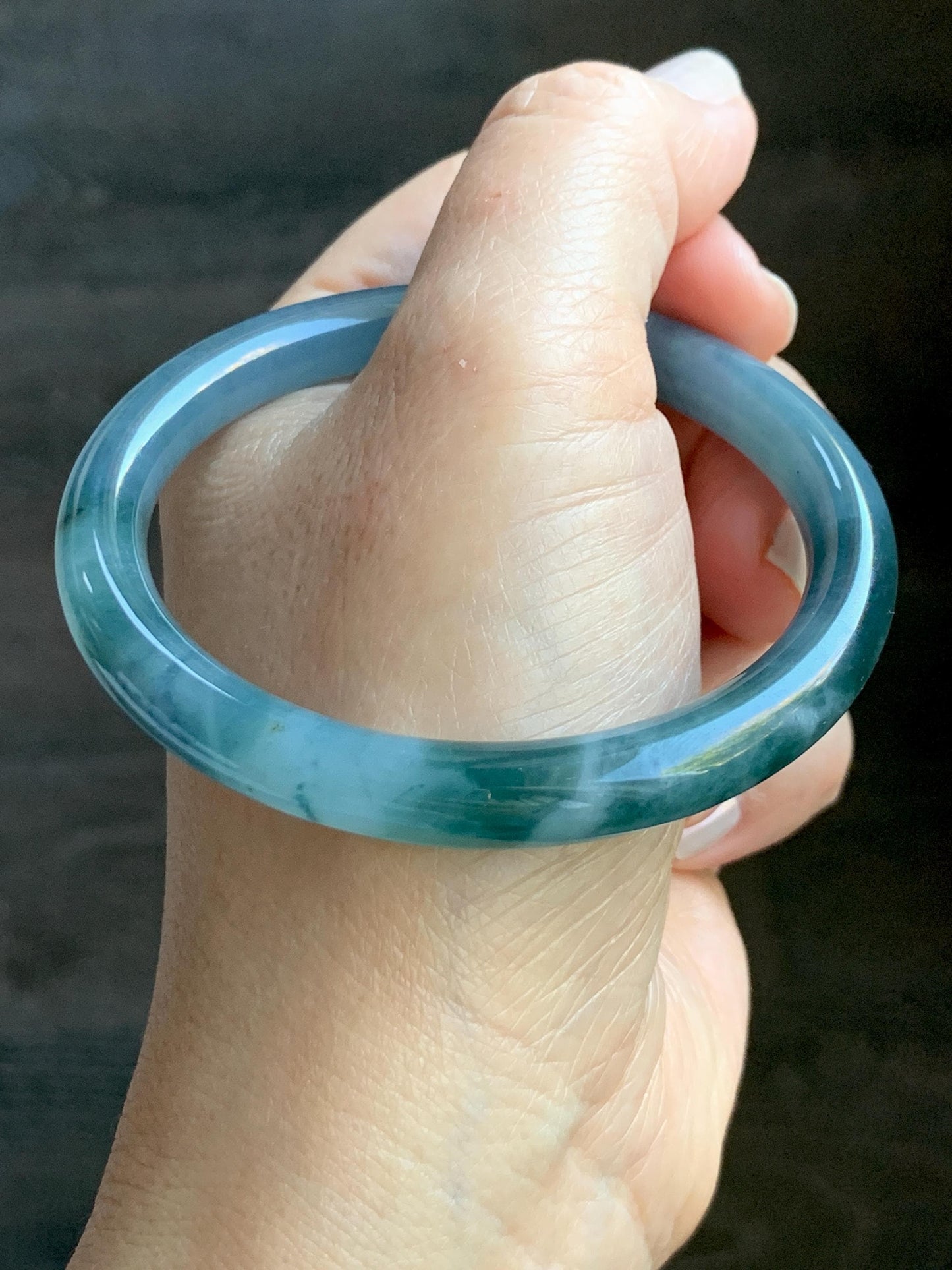 Certified Natural Grade A Guatemalan Icy Translucent Dusty Blue Teal Green Marbled Jade Jadeite Bangle Bracelet 56.6mm 7” 天然冰危蓝飘花翡翠圆条手镯 730
