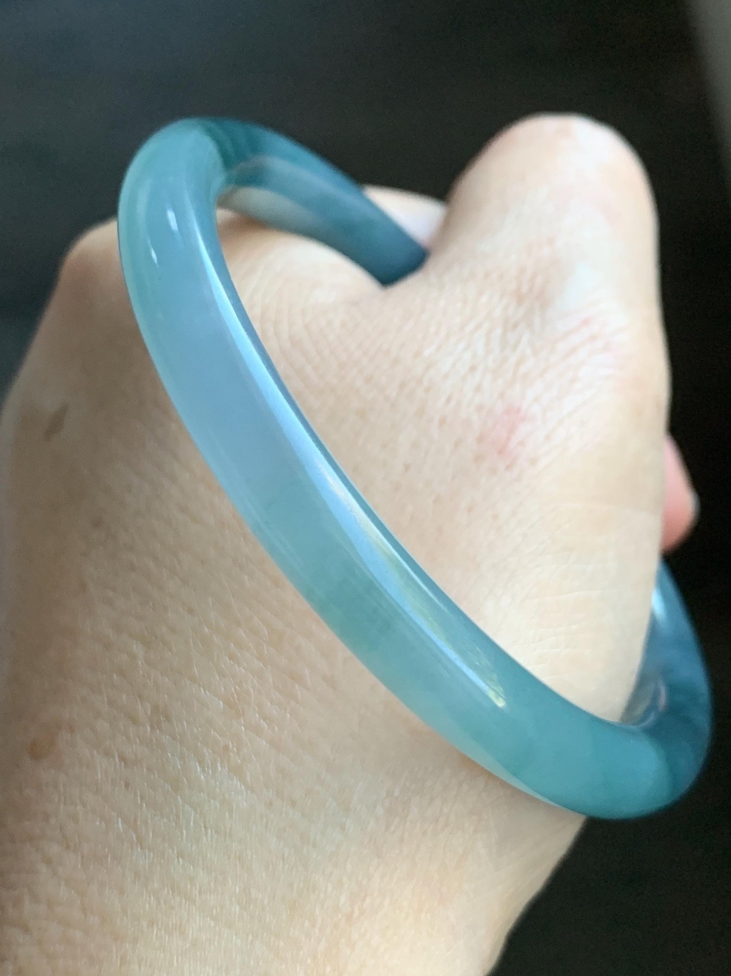 Certified Natural Grade A Guatemalan Icy Translucent Light Blue Dusty Blue Marbled Jade Jadeite Bangle Bracelet 56.75mm 7” 天然冰危蓝飘花翡翠圆条手镯 287