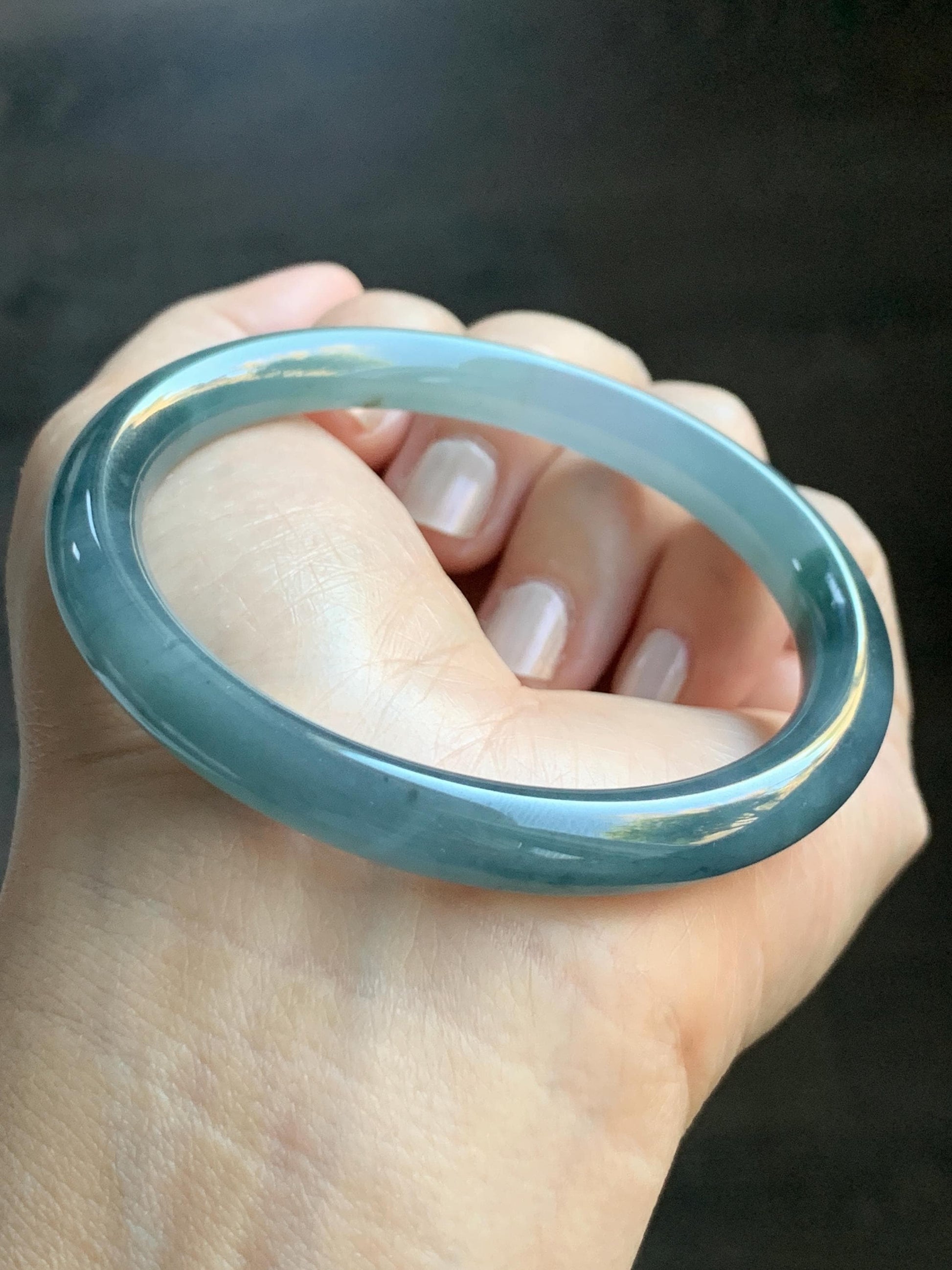 Certified Natural Grade A Guatemalan Icy Translucent Light Blue Dusty Blue Marbled Jade Jadeite Bangle Bracelet 56.75mm 7” 天然冰危蓝飘花翡翠圆条手镯 287
