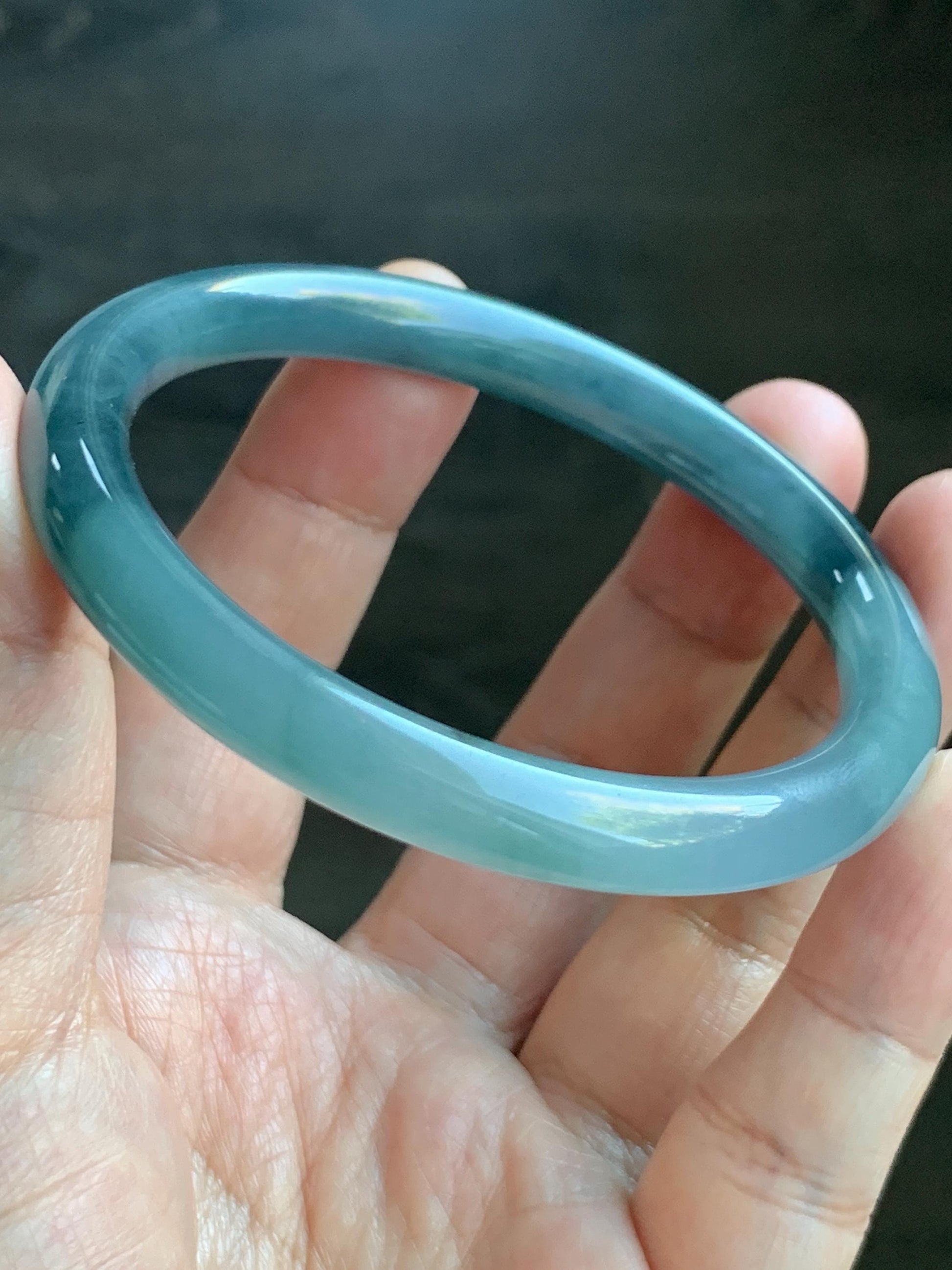 Certified Natural Grade A Guatemalan Icy Translucent Light Blue Dusty Blue Marbled Jade Jadeite Bangle Bracelet 56.75mm 7” 天然冰危蓝飘花翡翠圆条手镯 287