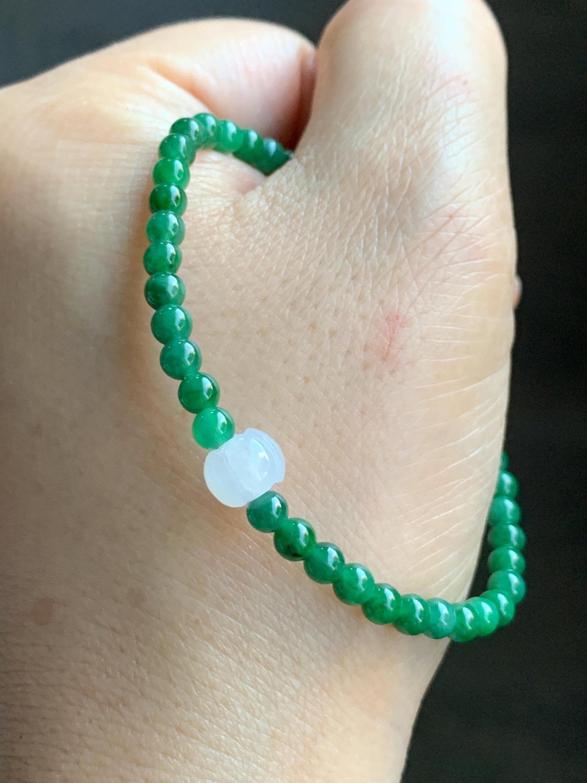 Natural Grade A Icy Translucent Vibrant Green Jade Jadeite Petite Beads Icy White Lotus Bead Beaded Bracelet 6.5” 5g 天然冰阳绿翡翠圆珠白冰莲花珠手串 XML220