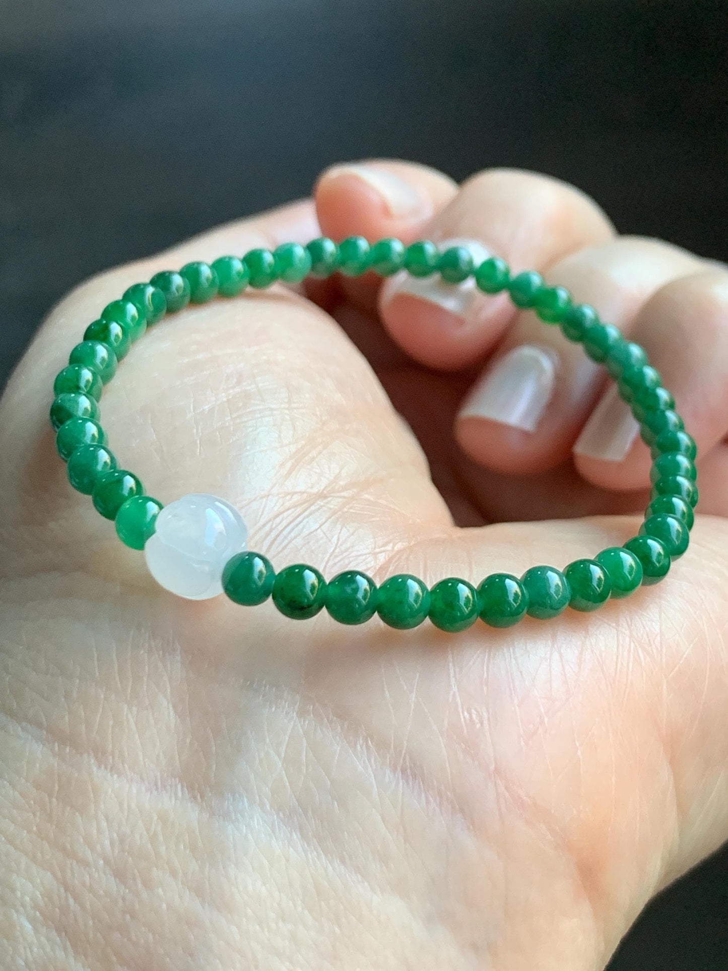 Natural Grade A Icy Translucent Vibrant Green Jade Jadeite Petite Beads Icy White Lotus Bead Beaded Bracelet 6.5” 5g 天然冰阳绿翡翠圆珠白冰莲花珠手串 XML220