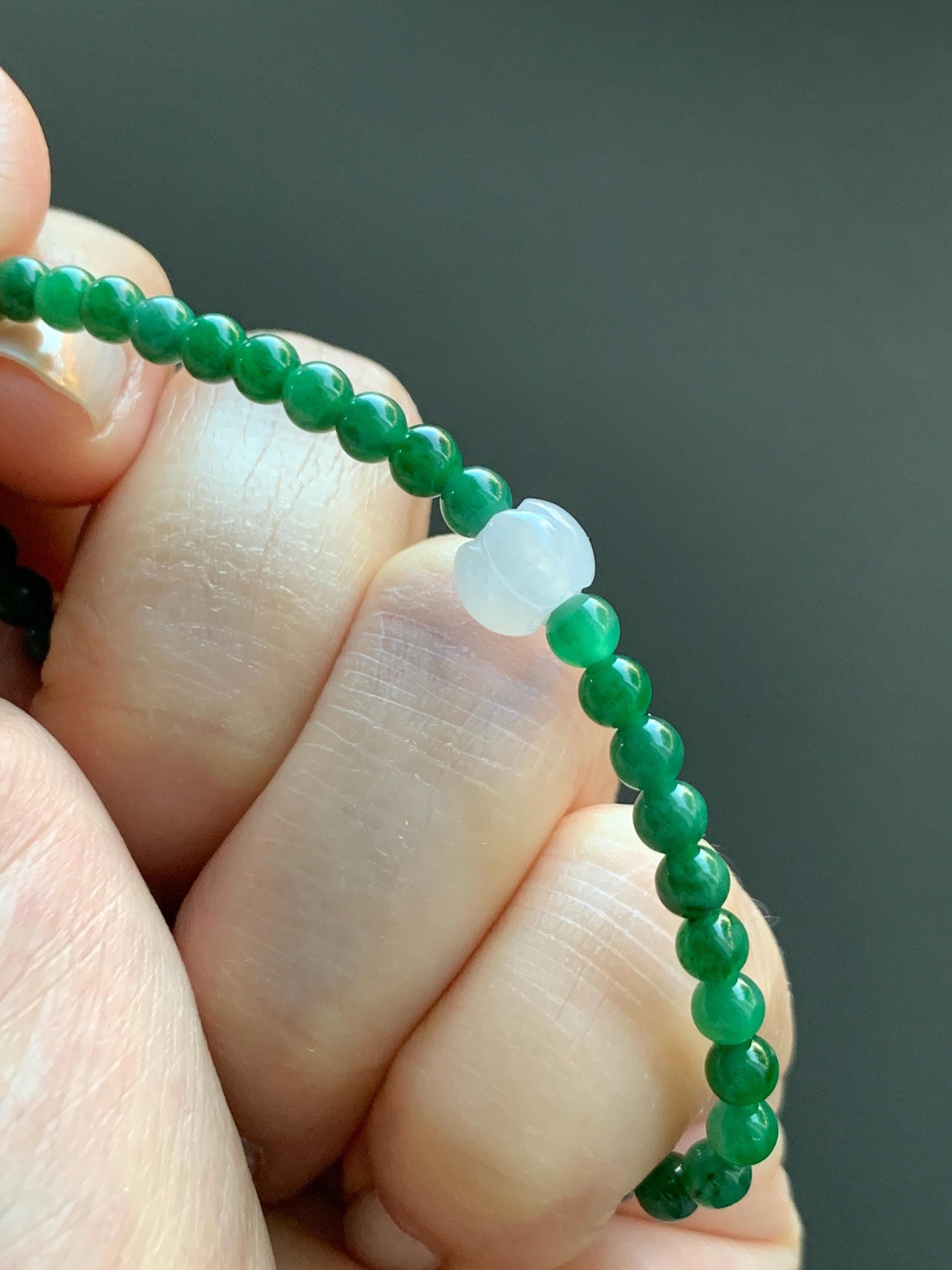 Natural Grade A Icy Translucent Vibrant Green Jade Jadeite Petite Beads Icy White Lotus Bead Beaded Bracelet 6.5” 5g 天然冰阳绿翡翠圆珠白冰莲花珠手串 XML220
