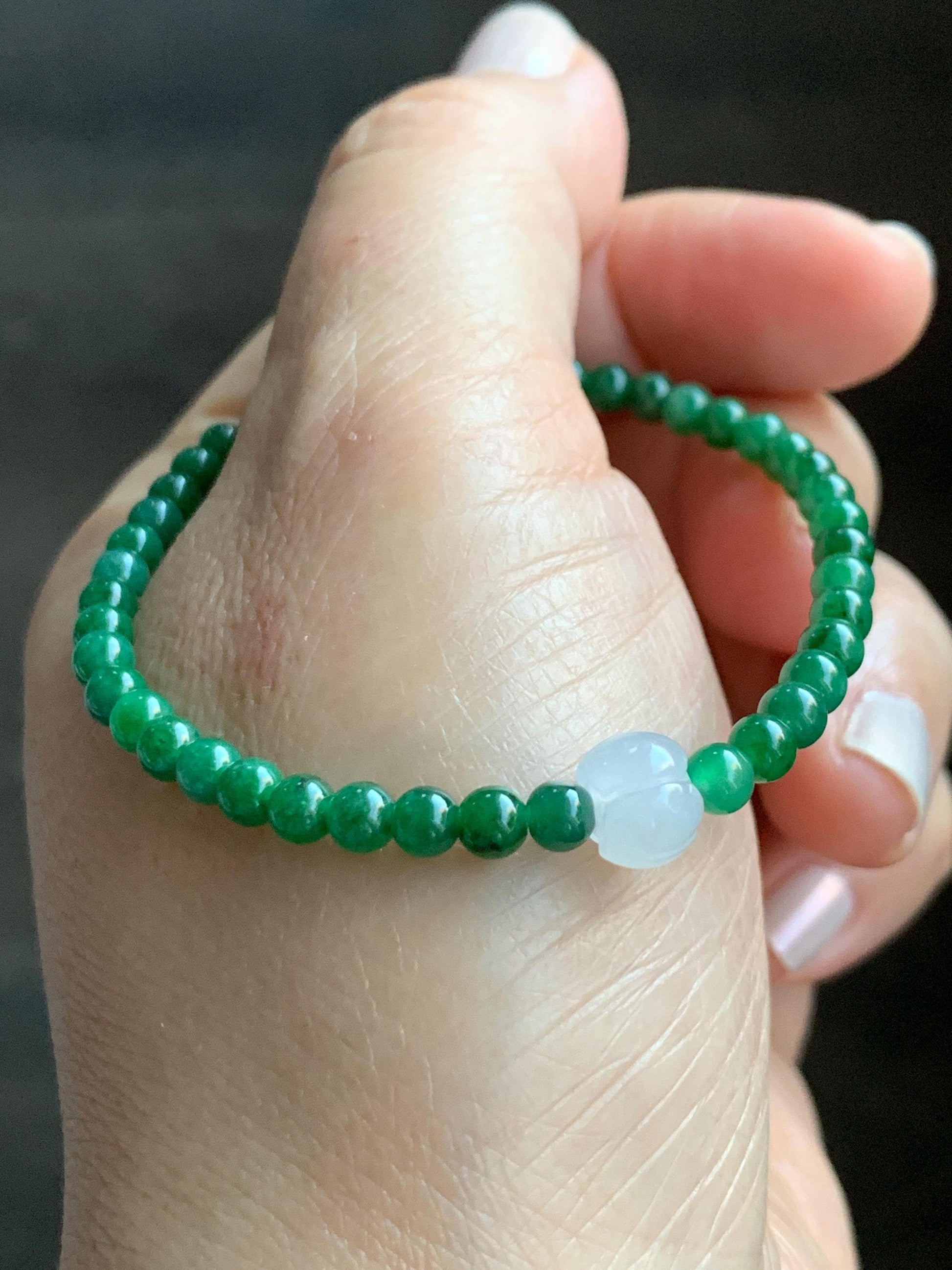 Natural Grade A Icy Translucent Vibrant Green Jade Jadeite Petite Beads Icy White Lotus Bead Beaded Bracelet 6.5” 5g 天然冰阳绿翡翠圆珠白冰莲花珠手串 XML220