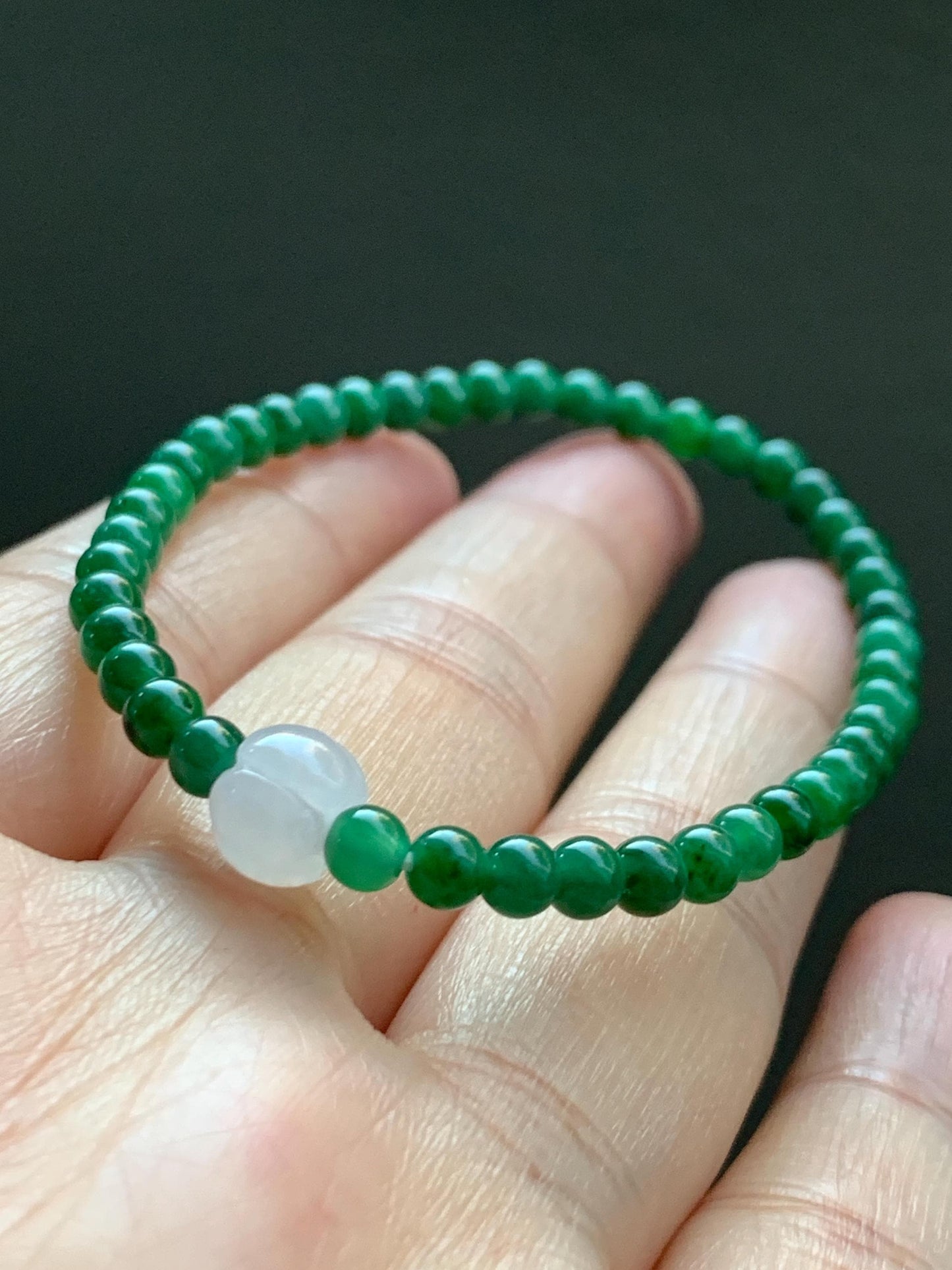 Natural Grade A Icy Translucent Vibrant Green Jade Jadeite Petite Beads Icy White Lotus Bead Beaded Bracelet 6.5” 5g 天然冰阳绿翡翠圆珠白冰莲花珠手串 XML220
